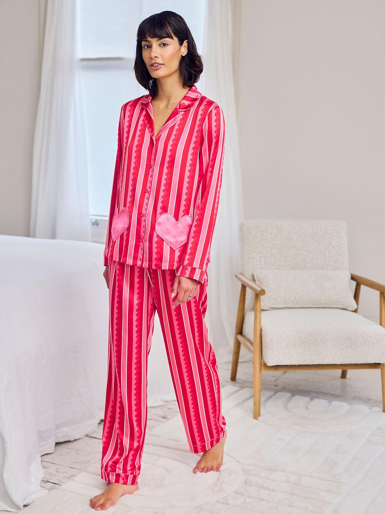 Image 1 of 6 of CHELSEA PEERS Satin Heart Pocket Striped Long Pyjama Set - Pink