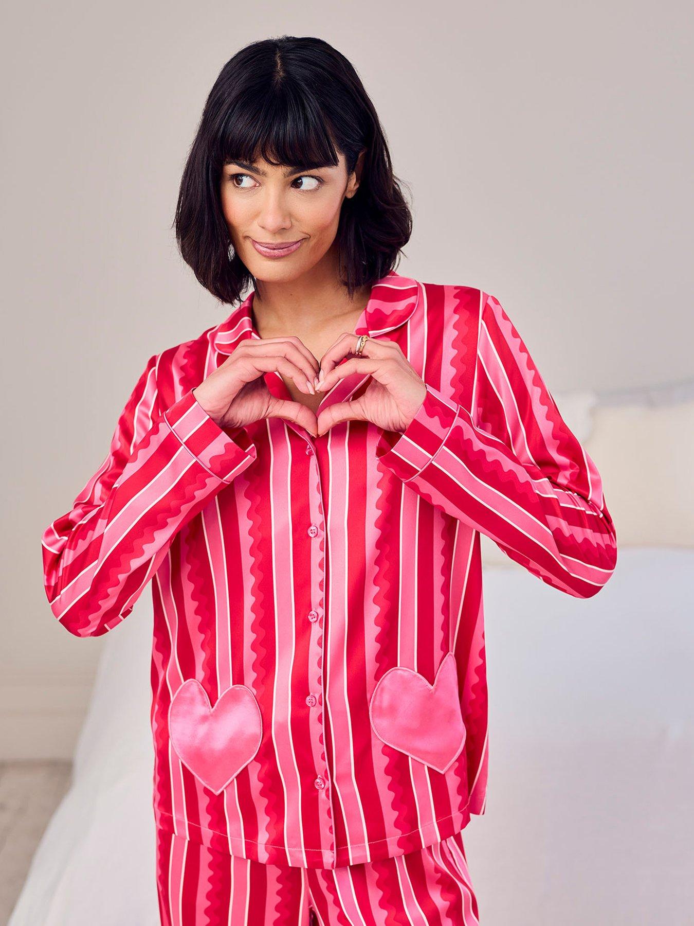 Image 3 of 6 of CHELSEA PEERS Satin Heart Pocket Striped Long Pyjama Set - Pink