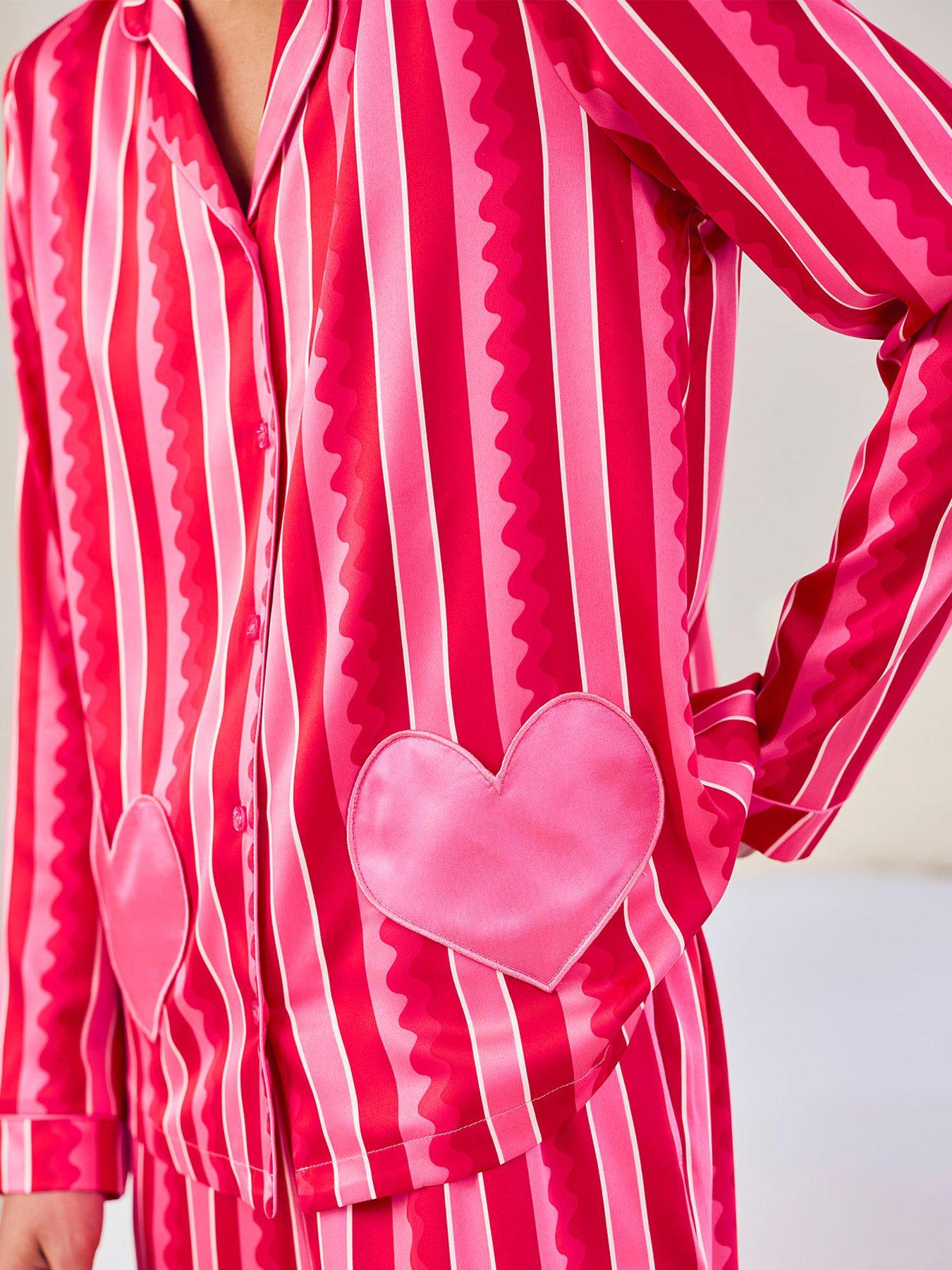 Image 5 of 6 of CHELSEA PEERS Satin Heart Pocket Striped Long Pyjama Set - Pink