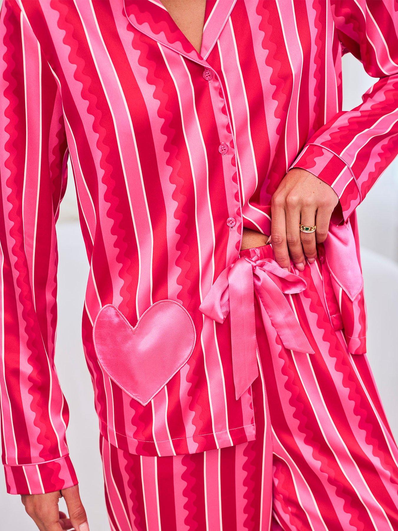 Image 6 of 6 of CHELSEA PEERS Satin Heart Pocket Striped Long Pyjama Set - Pink
