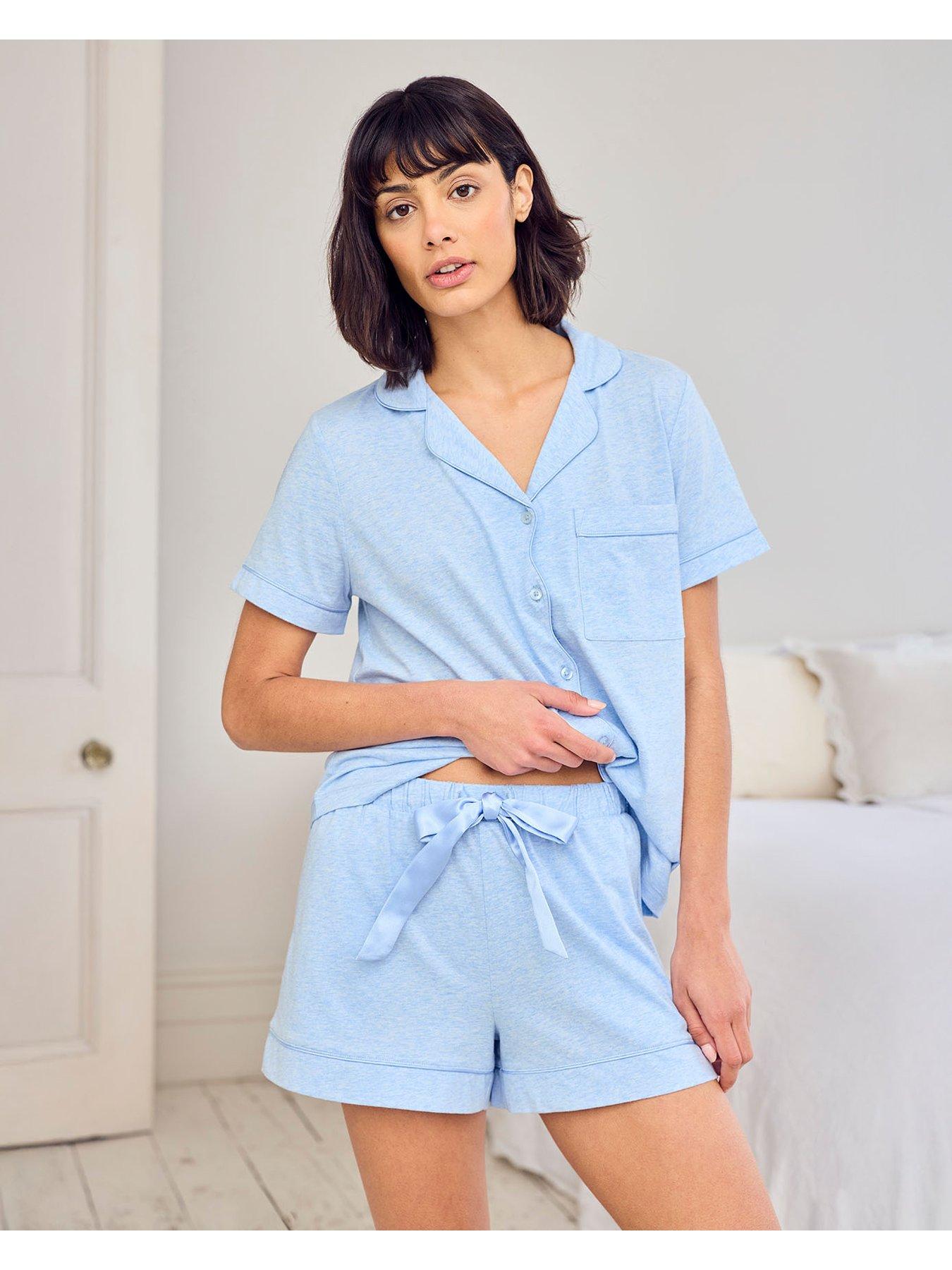 Image 1 of 6 of CHELSEA PEERS Cotton Scallop Edge Short Pyjama Set - Blue