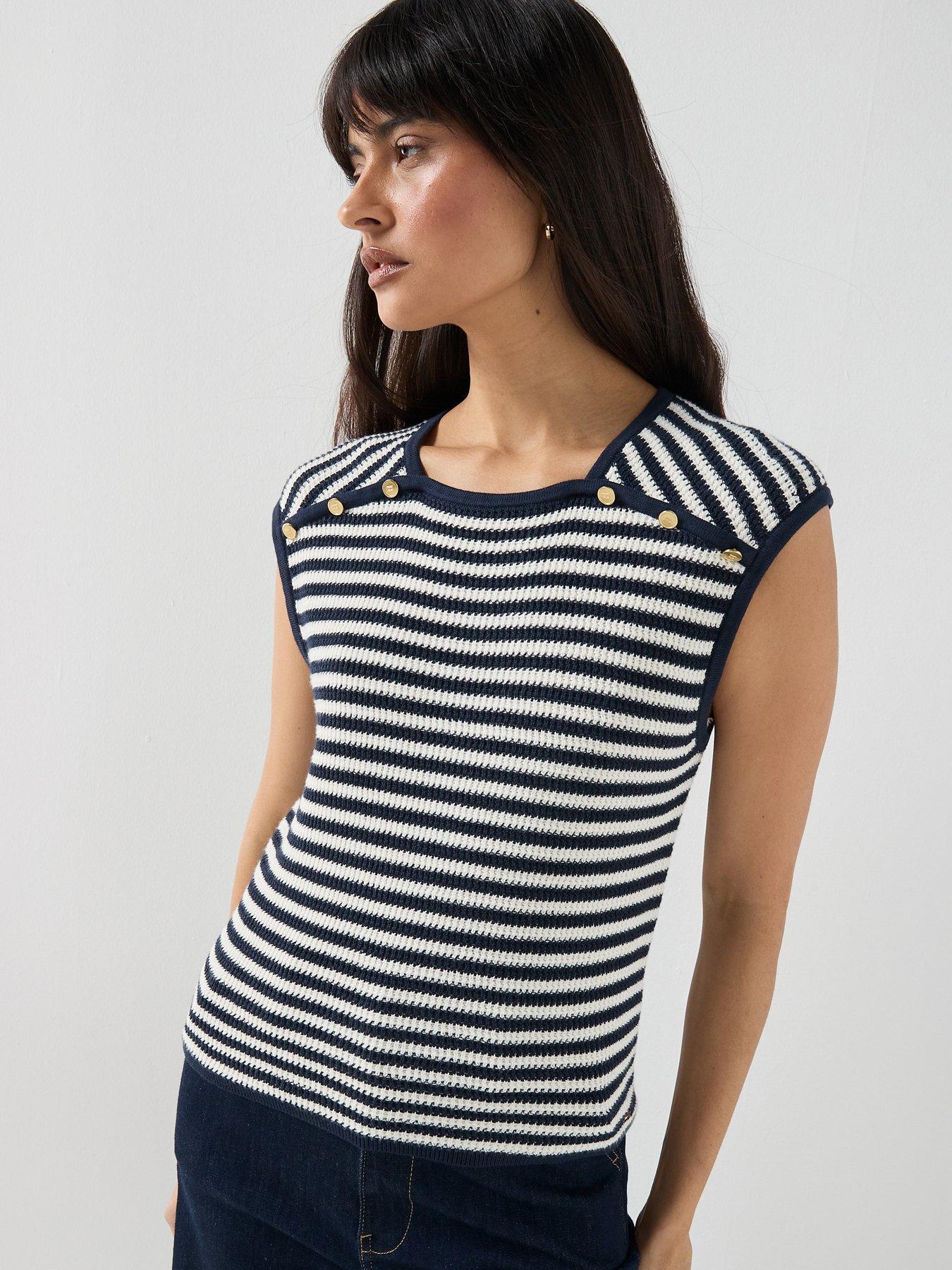 Tommy Hilfiger Sleeveless Gold Button Striped Sweater - Ivory/Navy
