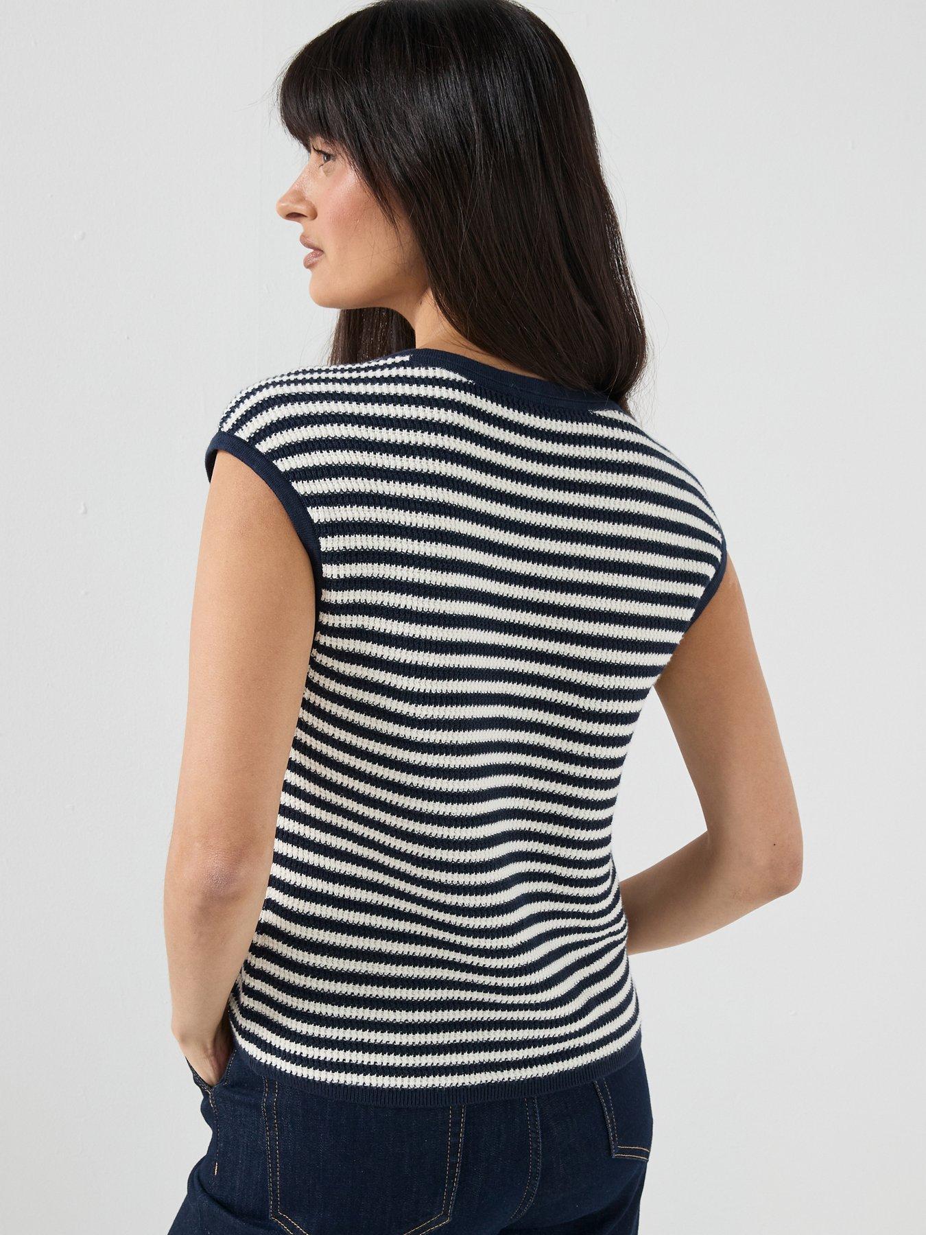 Image 2 of 6 of Tommy Hilfiger Sleeveless Gold Button Striped Sweater - Ivory/Navy