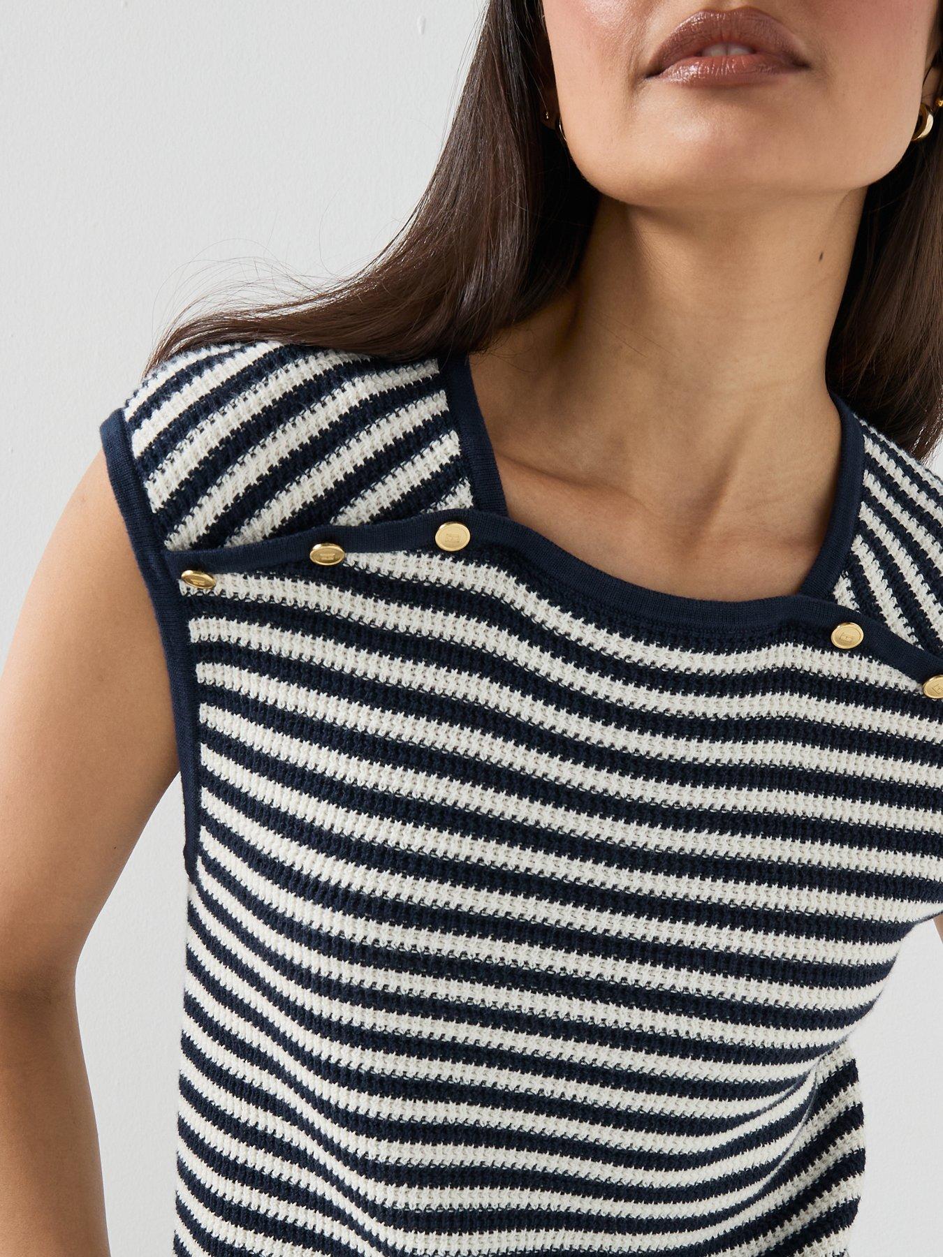 Image 4 of 6 of Tommy Hilfiger Sleeveless Gold Button Striped Sweater - Ivory/Navy