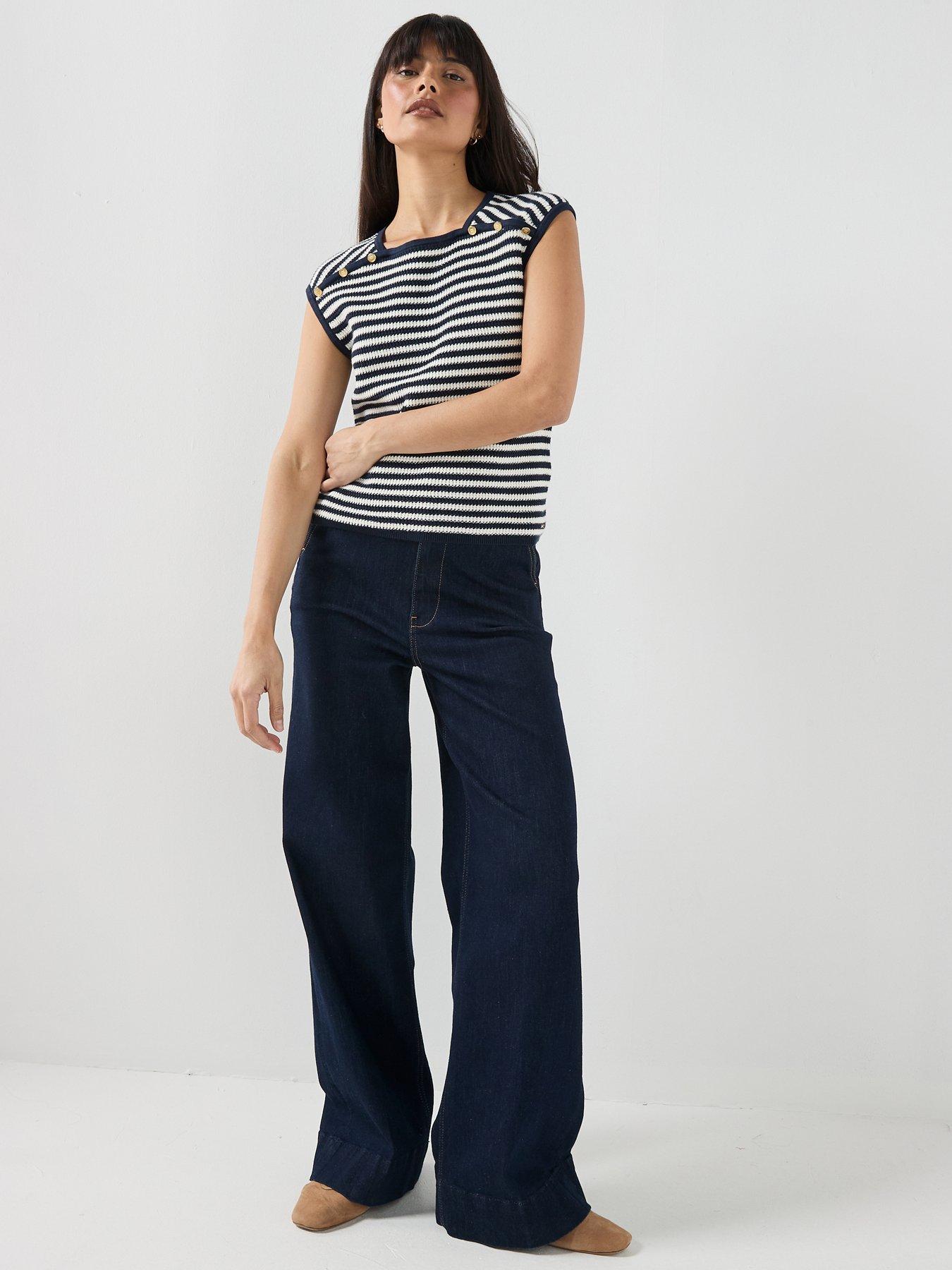 Image 5 of 6 of Tommy Hilfiger Sleeveless Gold Button Striped Sweater - Ivory/Navy