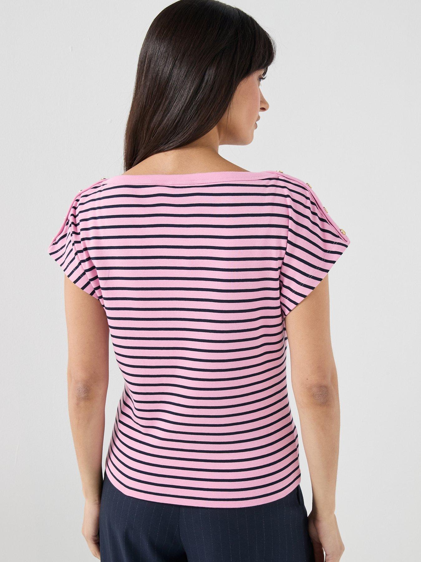 Image 2 of 5 of Tommy Hilfiger Gold-tone Button Boat Neck T-shirt - Navy