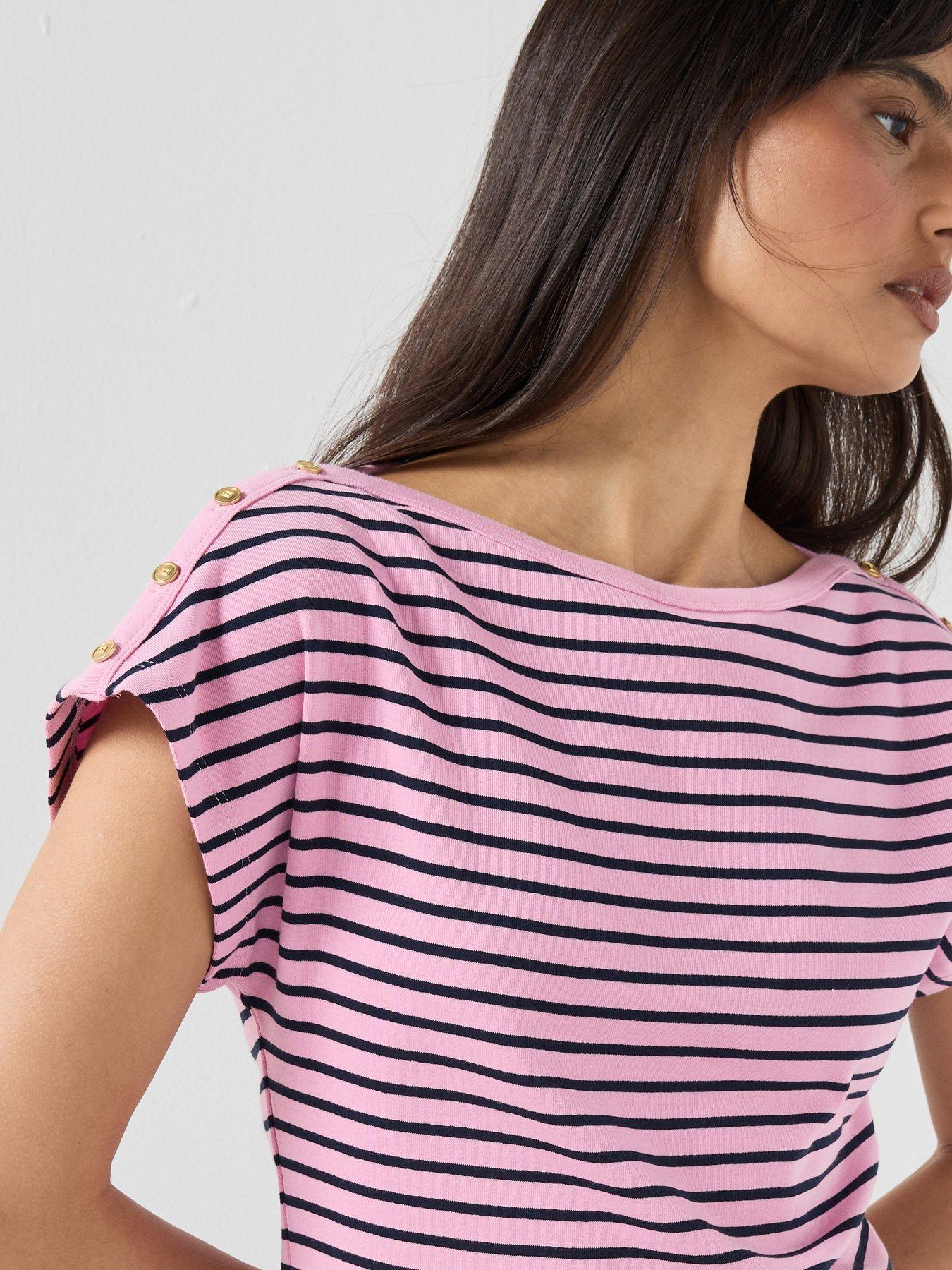 Image 4 of 5 of Tommy Hilfiger Gold-tone Button Boat Neck T-shirt - Navy