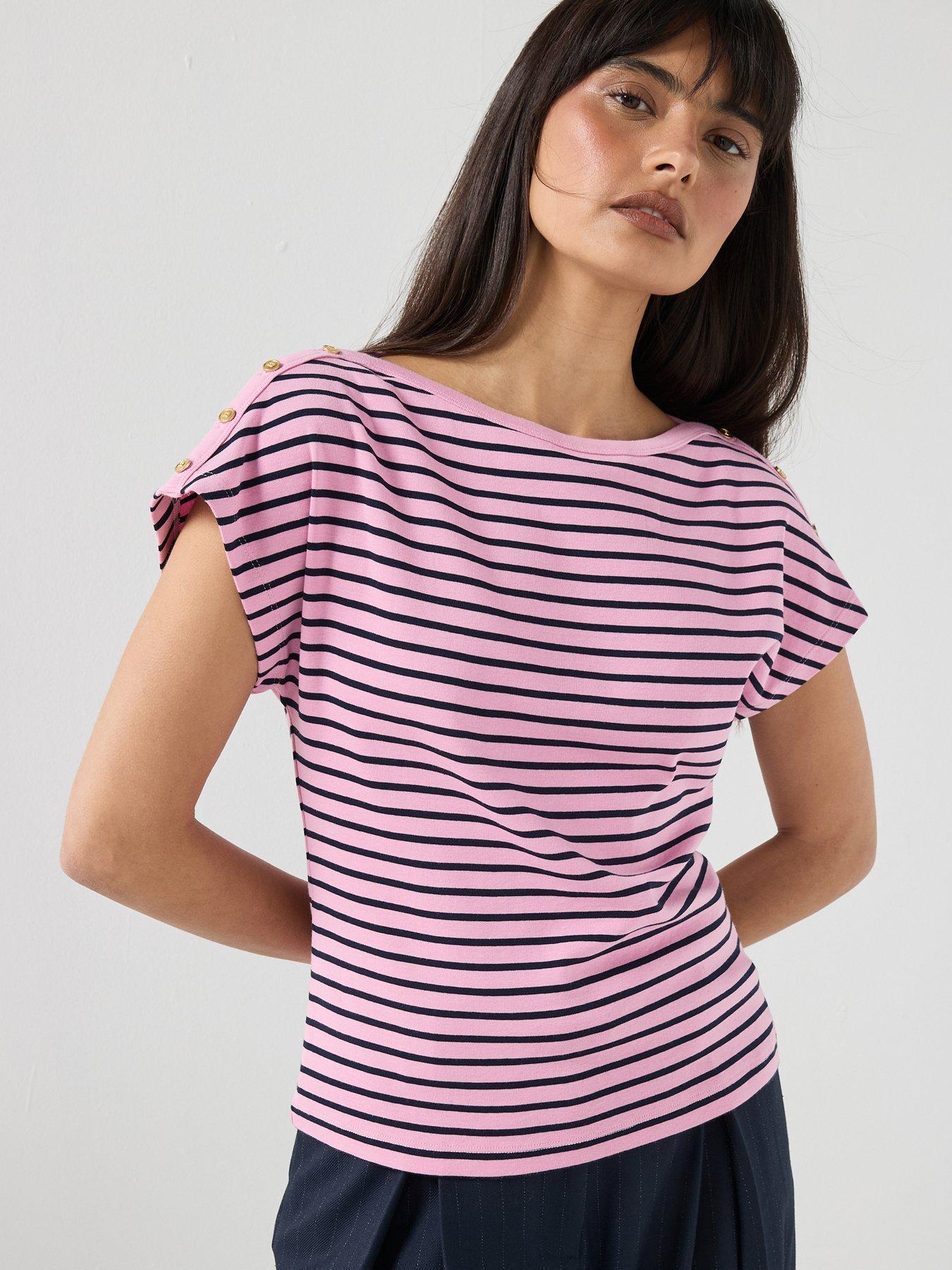 Image 5 of 5 of Tommy Hilfiger Gold-tone Button Boat Neck T-shirt - Navy