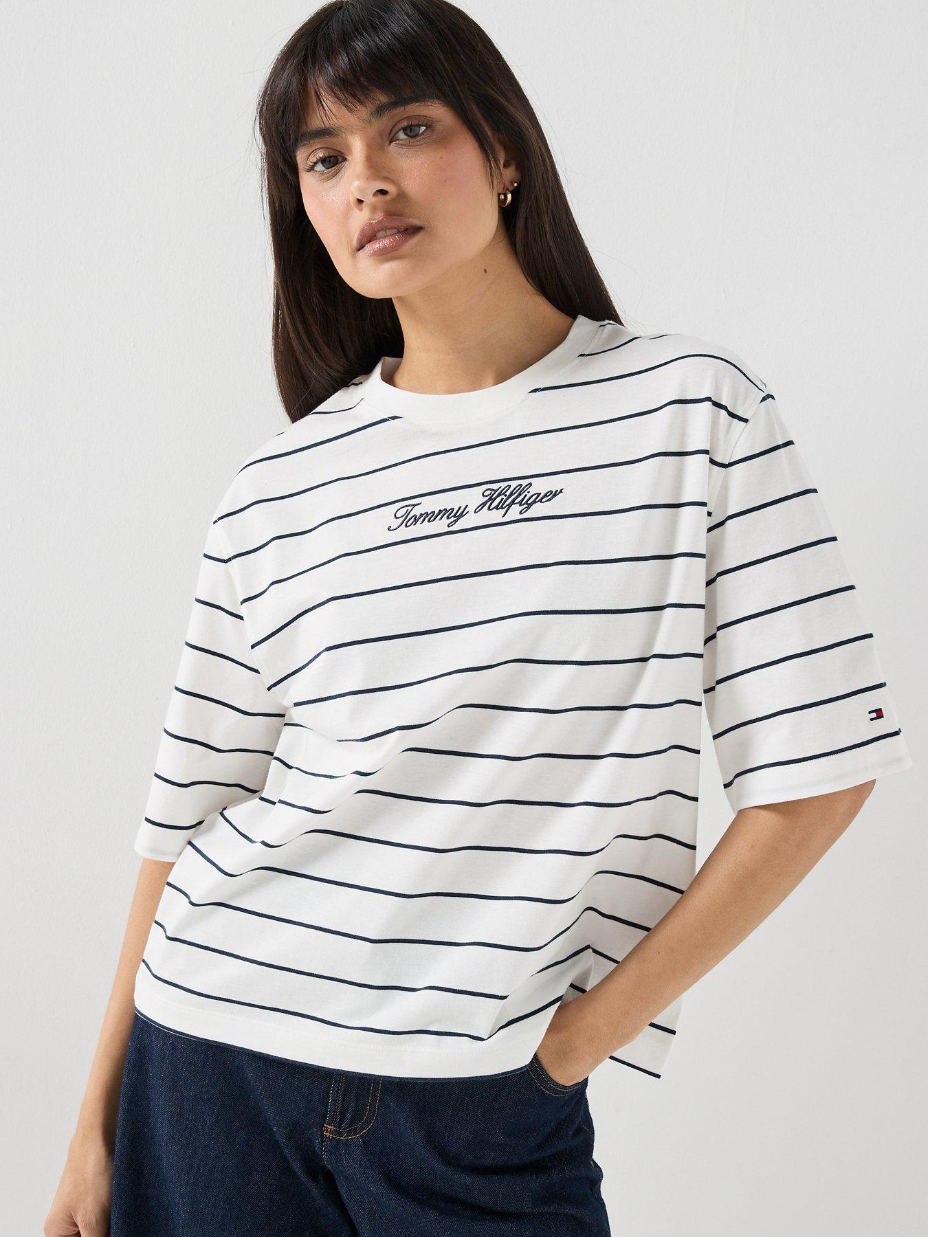 Image 4 of 4 of Tommy Hilfiger Logo Embroidery Relaxed Crew Neck T-shirt - Cream / Blue