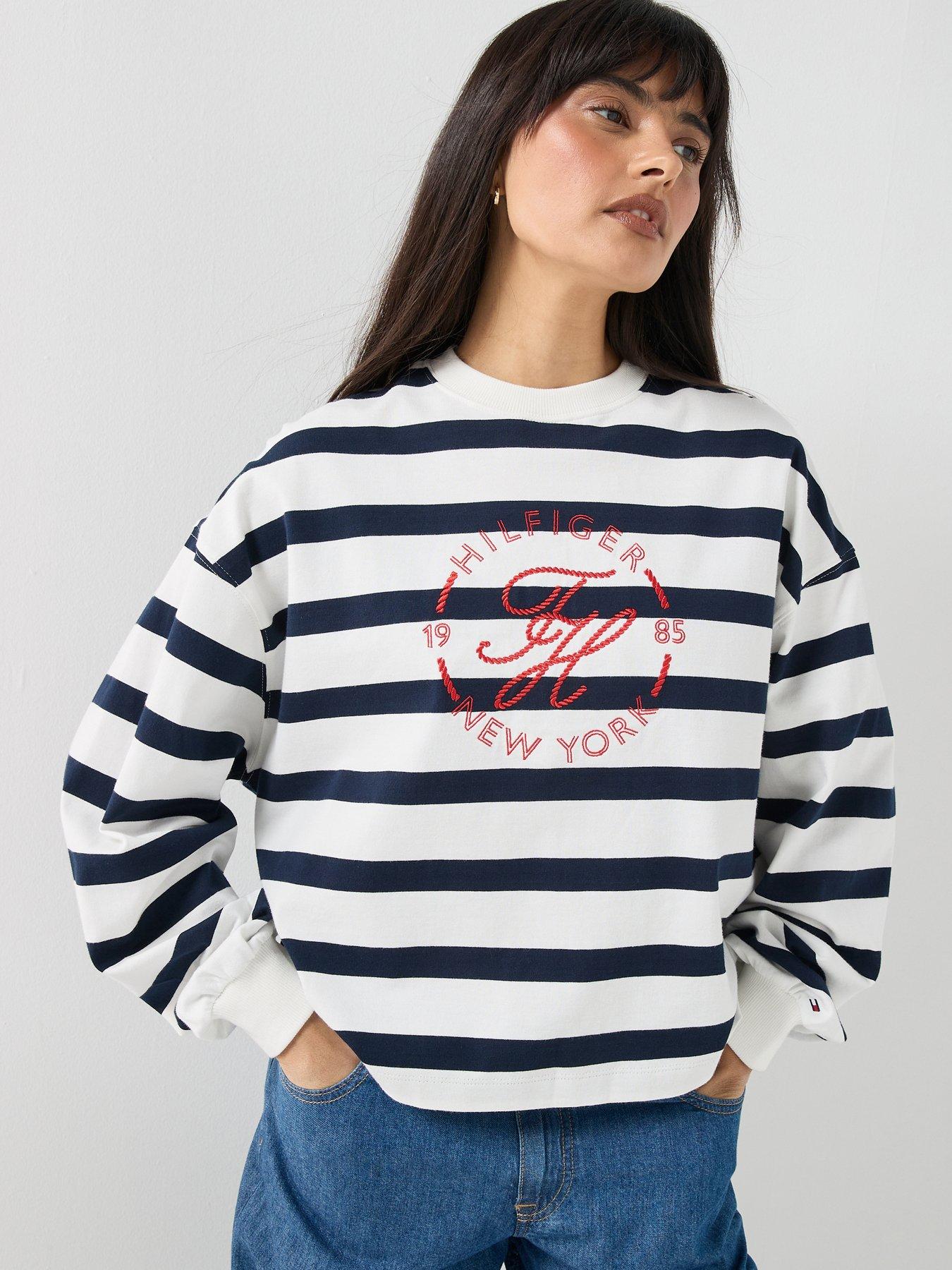 Tommy Hilfiger Logo Relaxed Crew Neck Sweatshirt - Wide Stripe Ecru/Dark Night Navy
