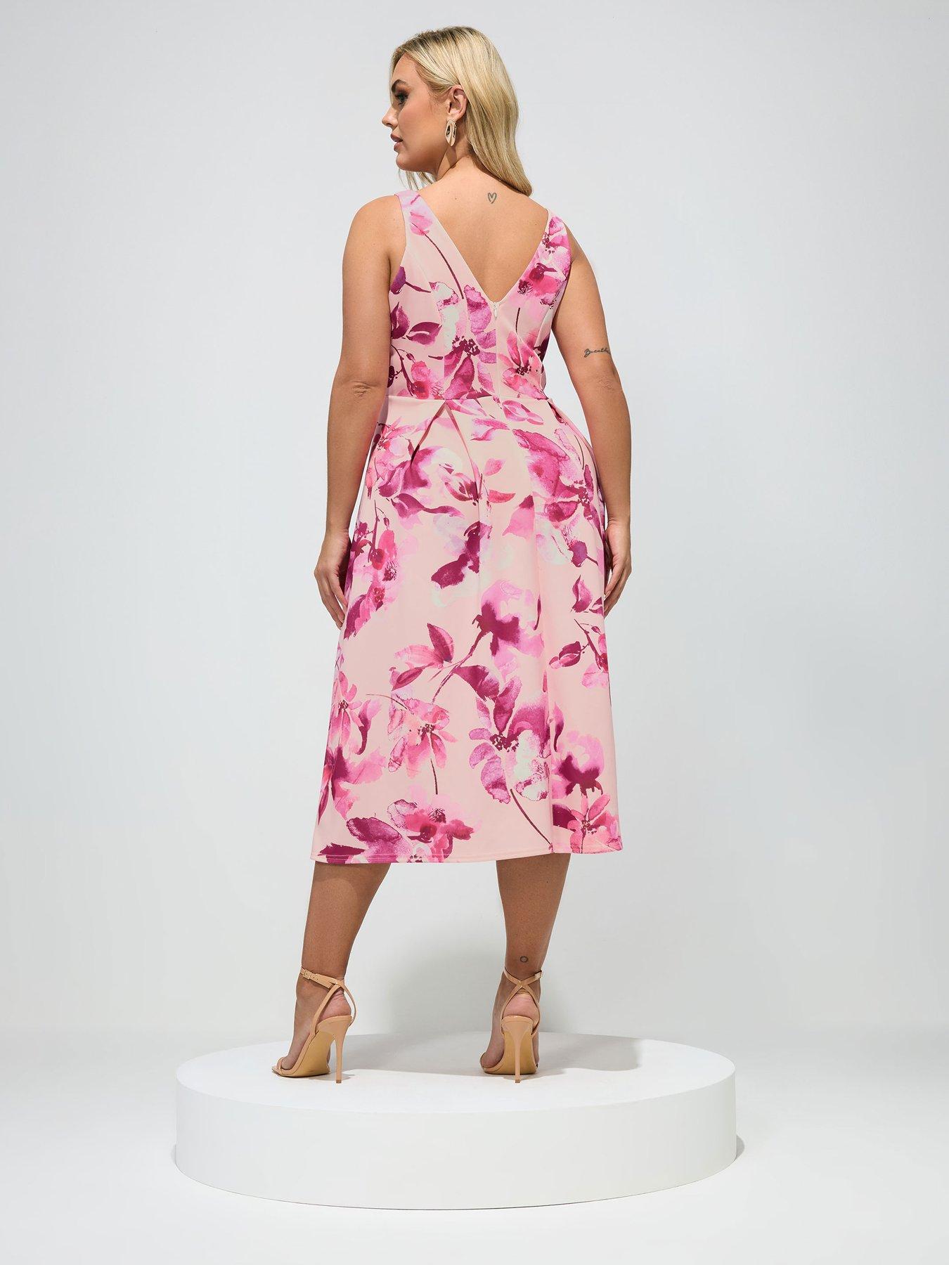 Image 2 of 5 of Yours Curve Floral V Neck Pleated Skater Dress - Pink