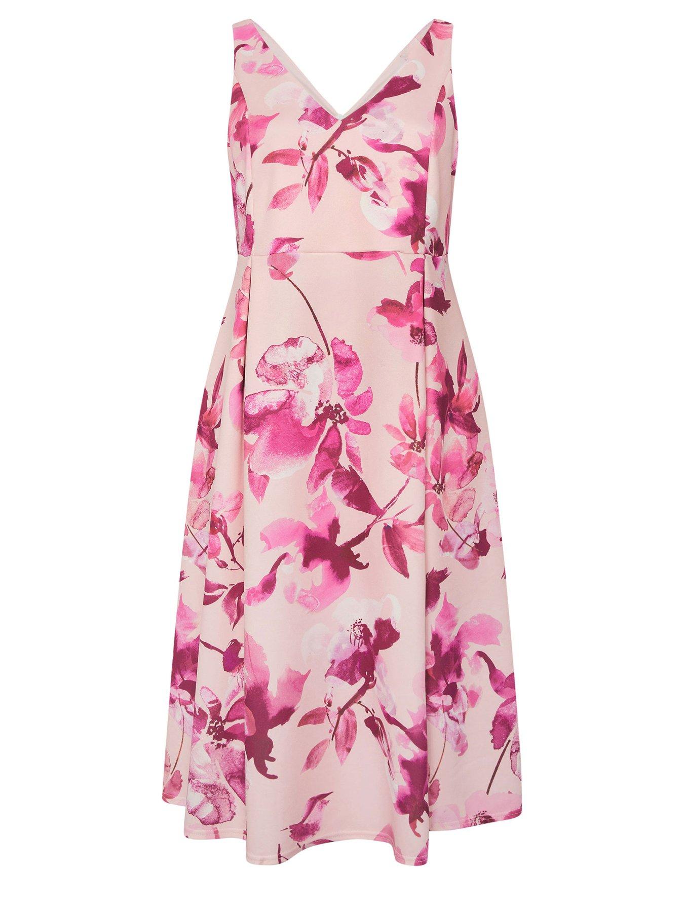 Image 5 of 5 of Yours Curve Floral V Neck Pleated Skater Dress - Pink
