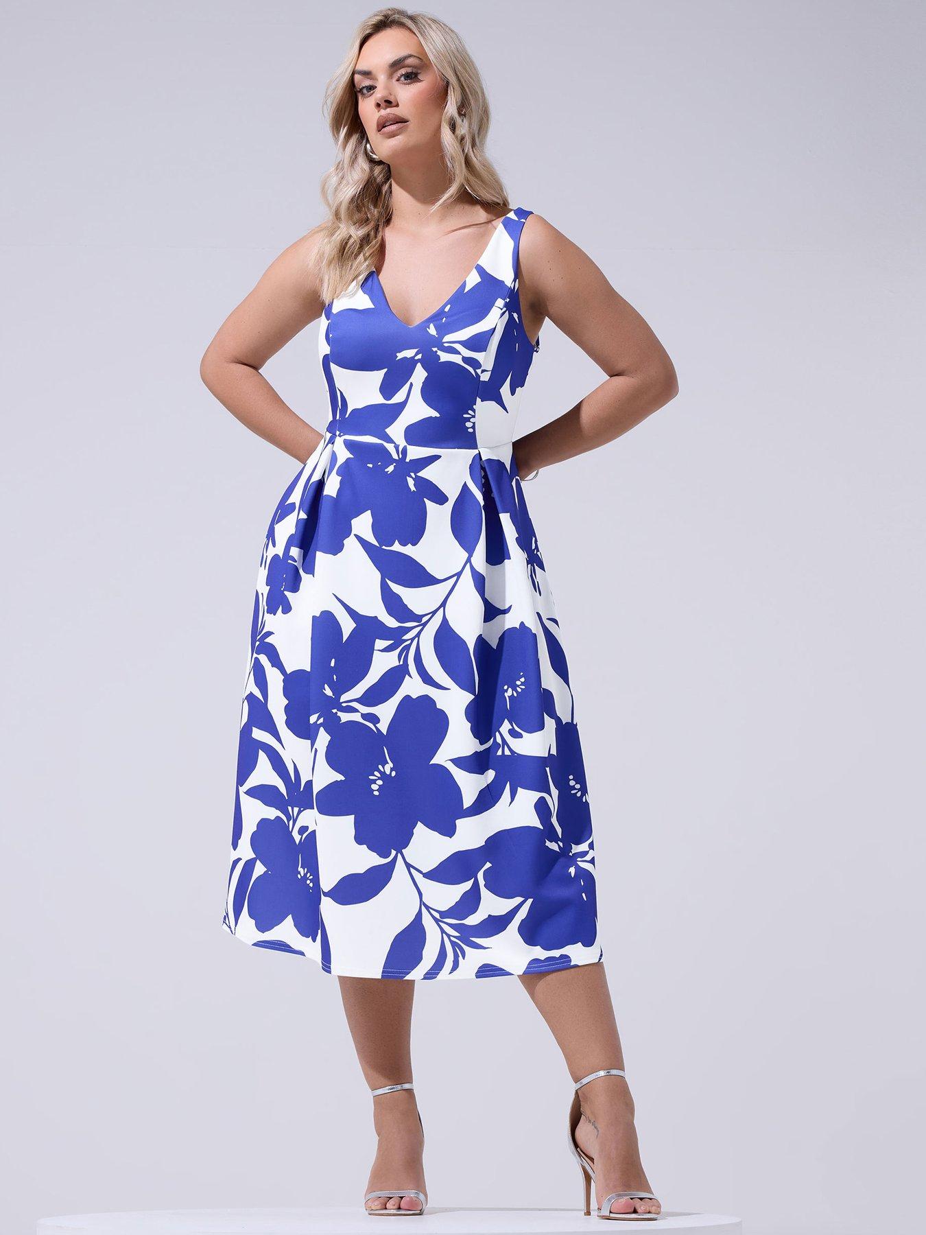Yours Curve Floral V Neck Pleated Skater Dress - Blue/White