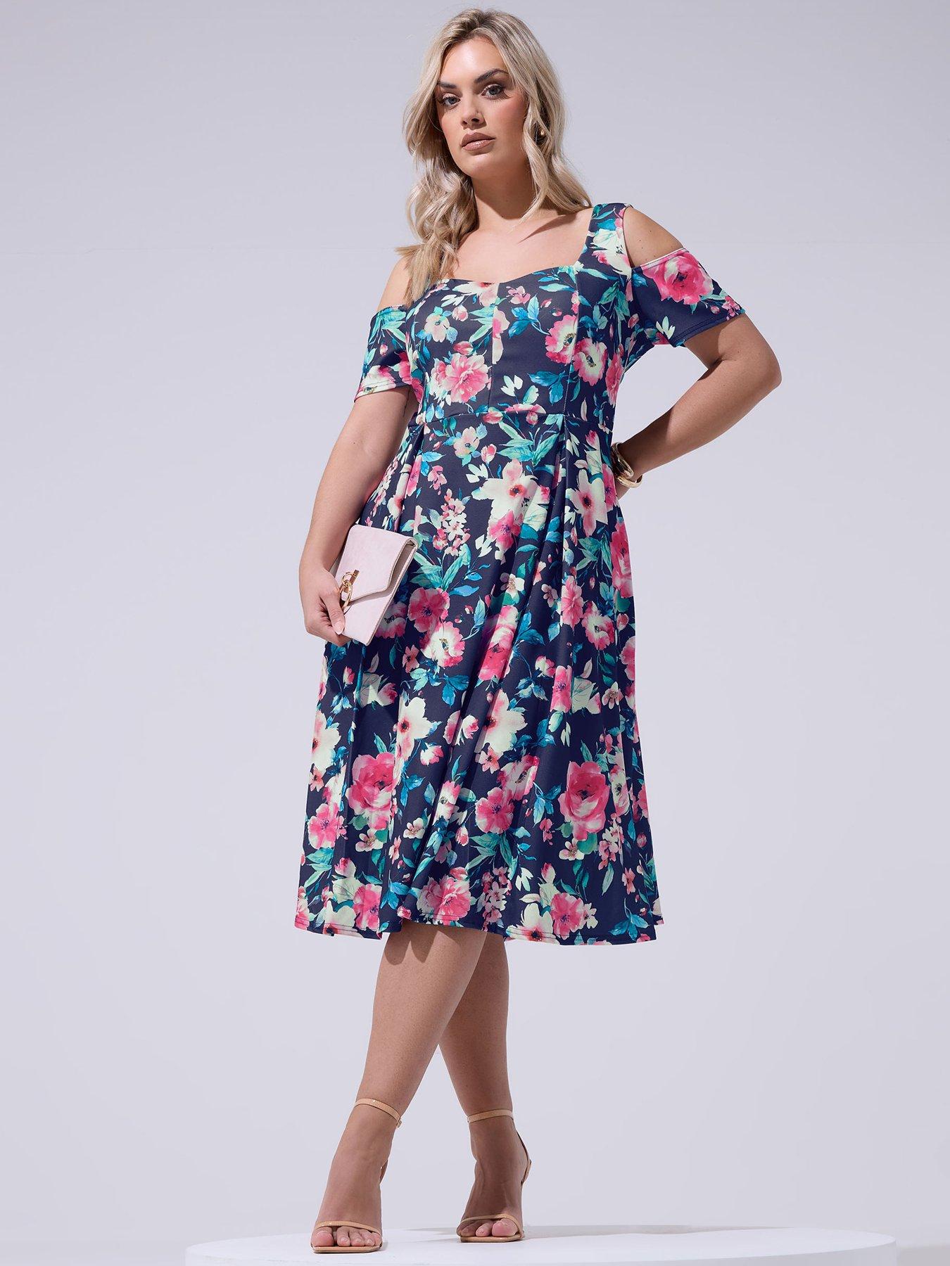 Yours Curve Floral Panel Skater Dress - Blue