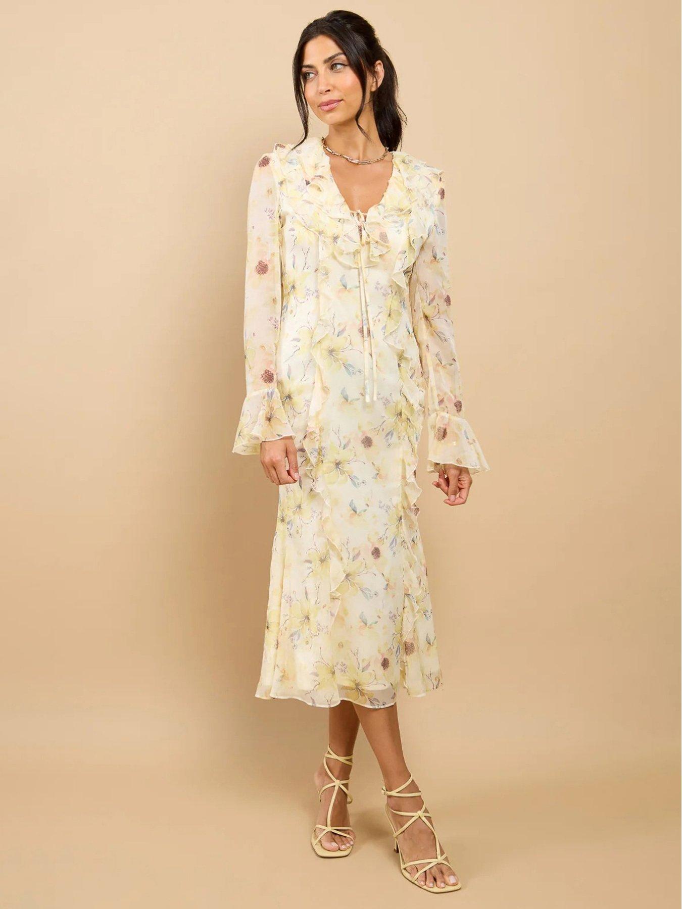 Little Mistress Floral Print Frill Midaxi Dress - Yellow