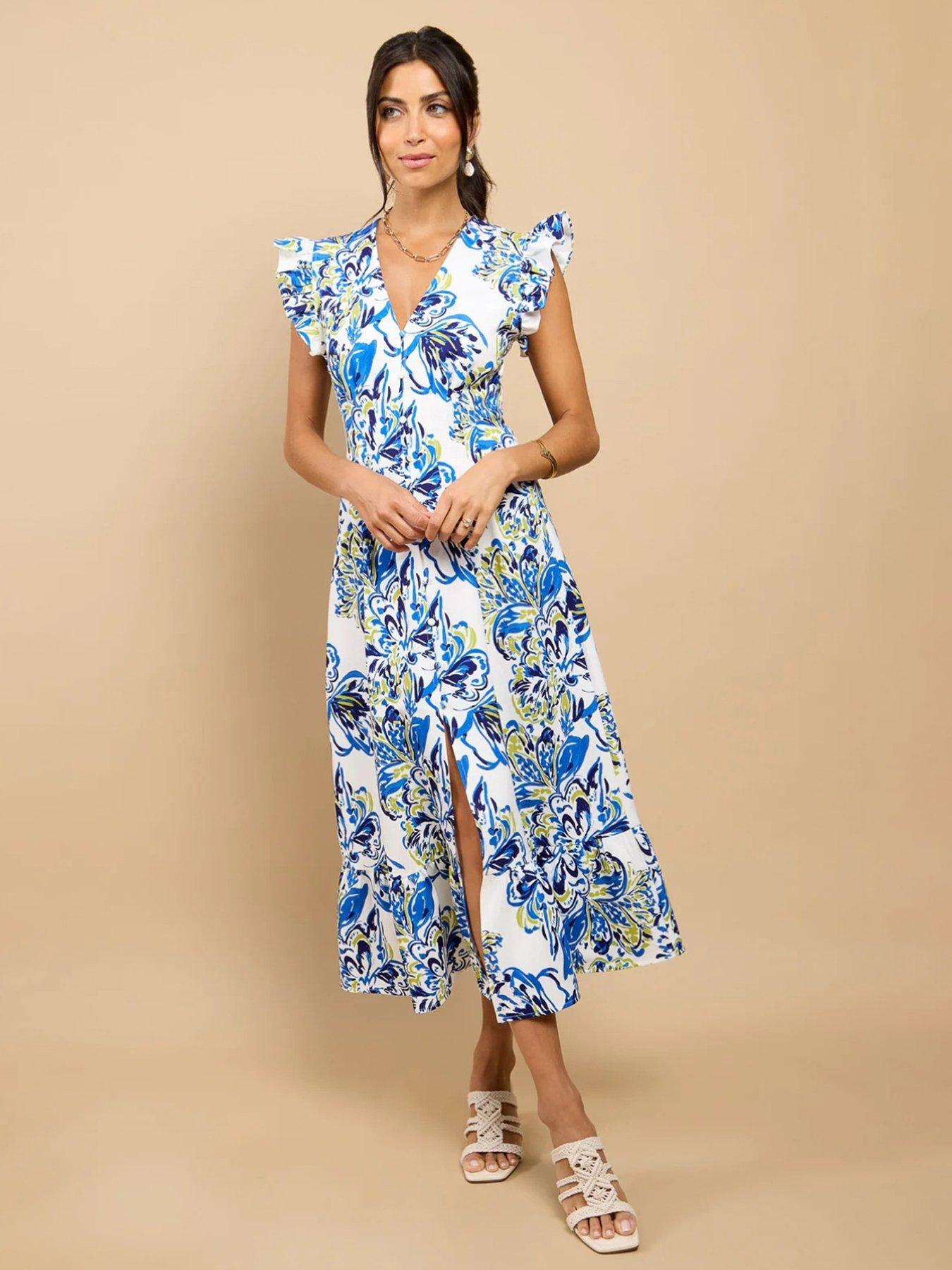 Little Mistress Blue Floral Print Button Down Midaxi Dress