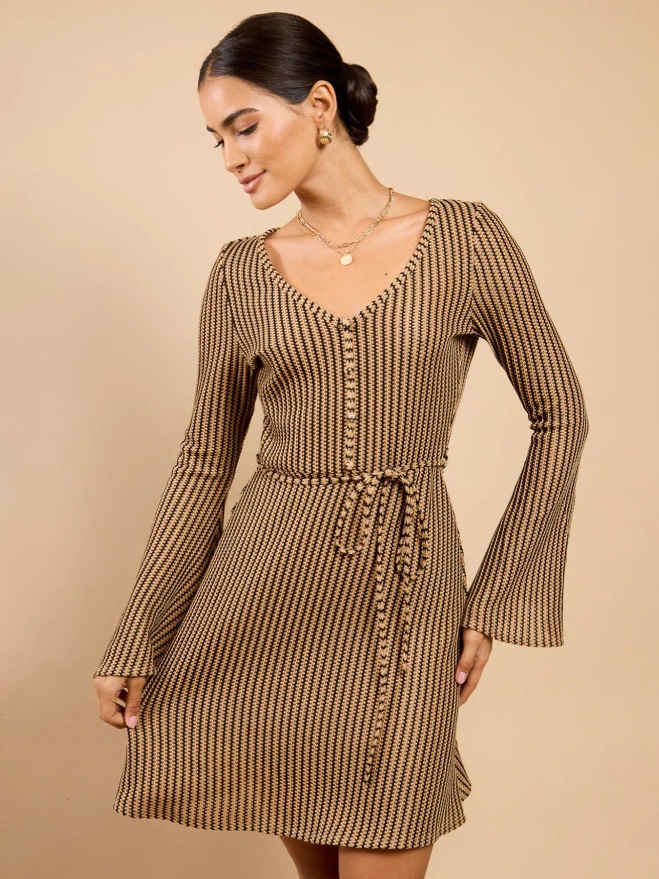 Image 3 of 5 of Little Mistress Stripe Knit Mini Dress - Brown