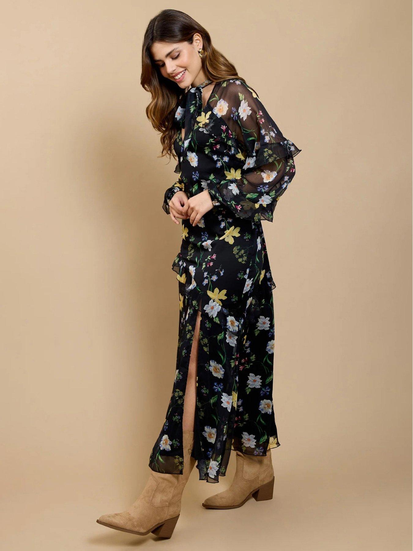 Little Mistress Floral Print Frill Midaxi Dress - Black