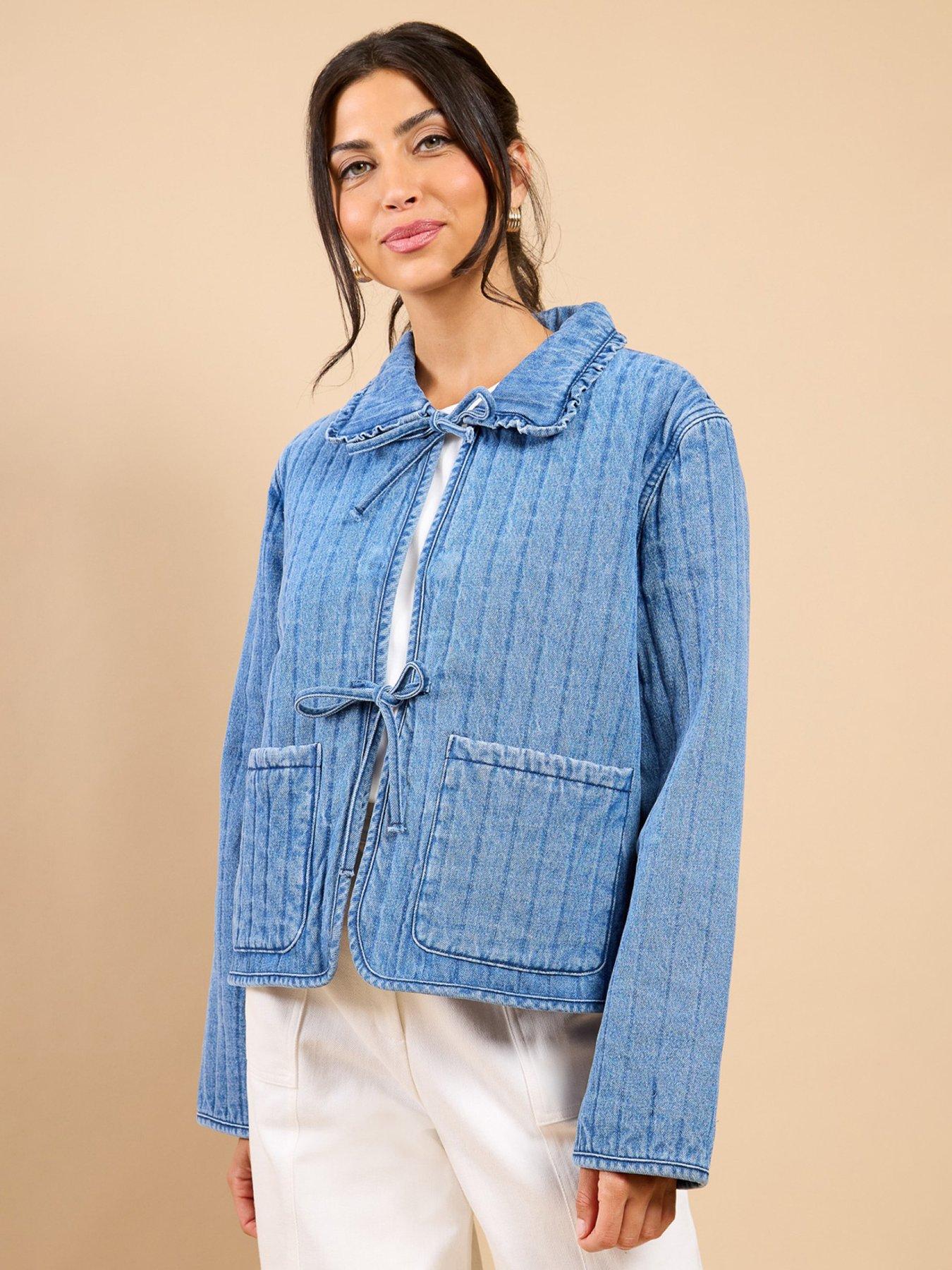 Little Mistress Denim Quilted Tie Detail Jacket - Blue