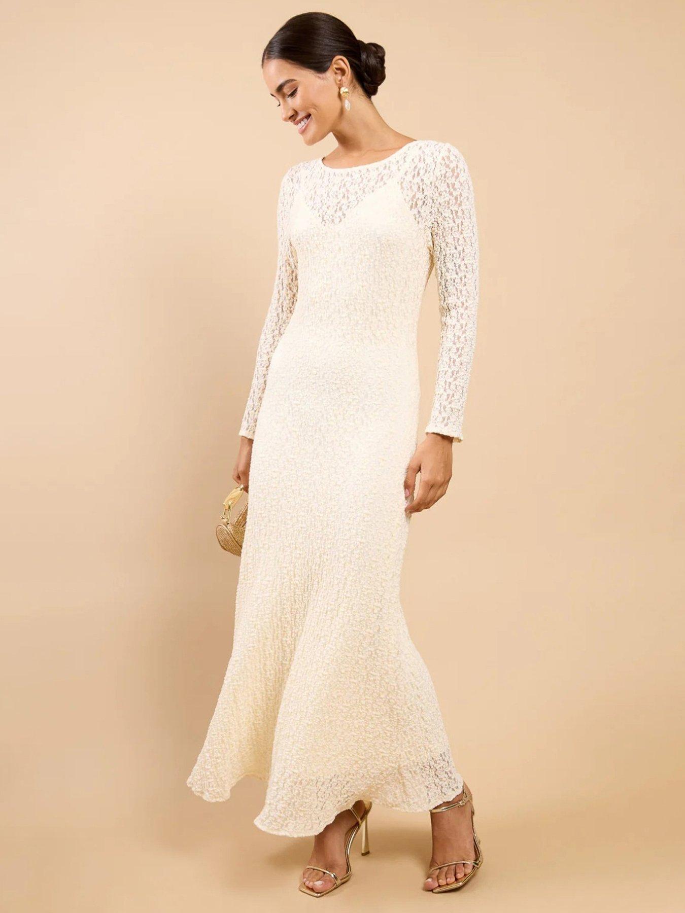 Image 1 of 6 of Little Mistress Textured Lace Midaxi Dress - Cream