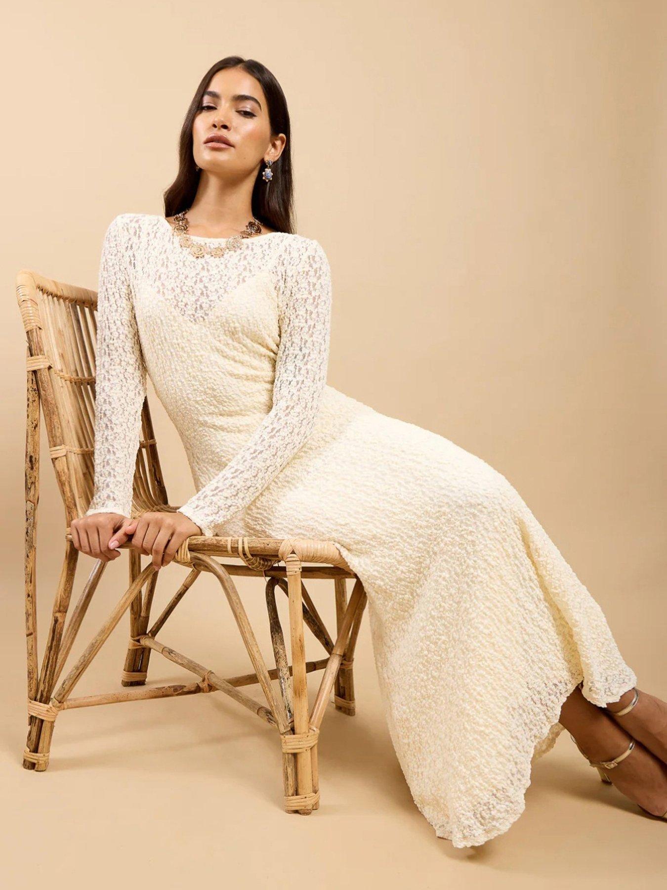 Image 6 of 6 of Little Mistress Textured Lace Midaxi Dress - Cream