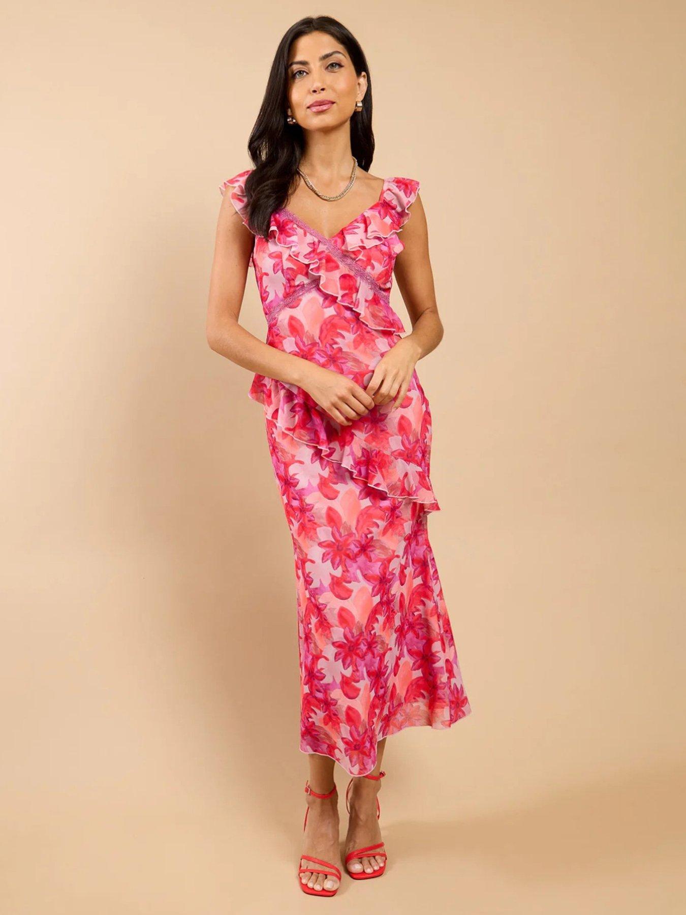 Little Mistress Pink Floral Print Ruffle Midaxi Dress