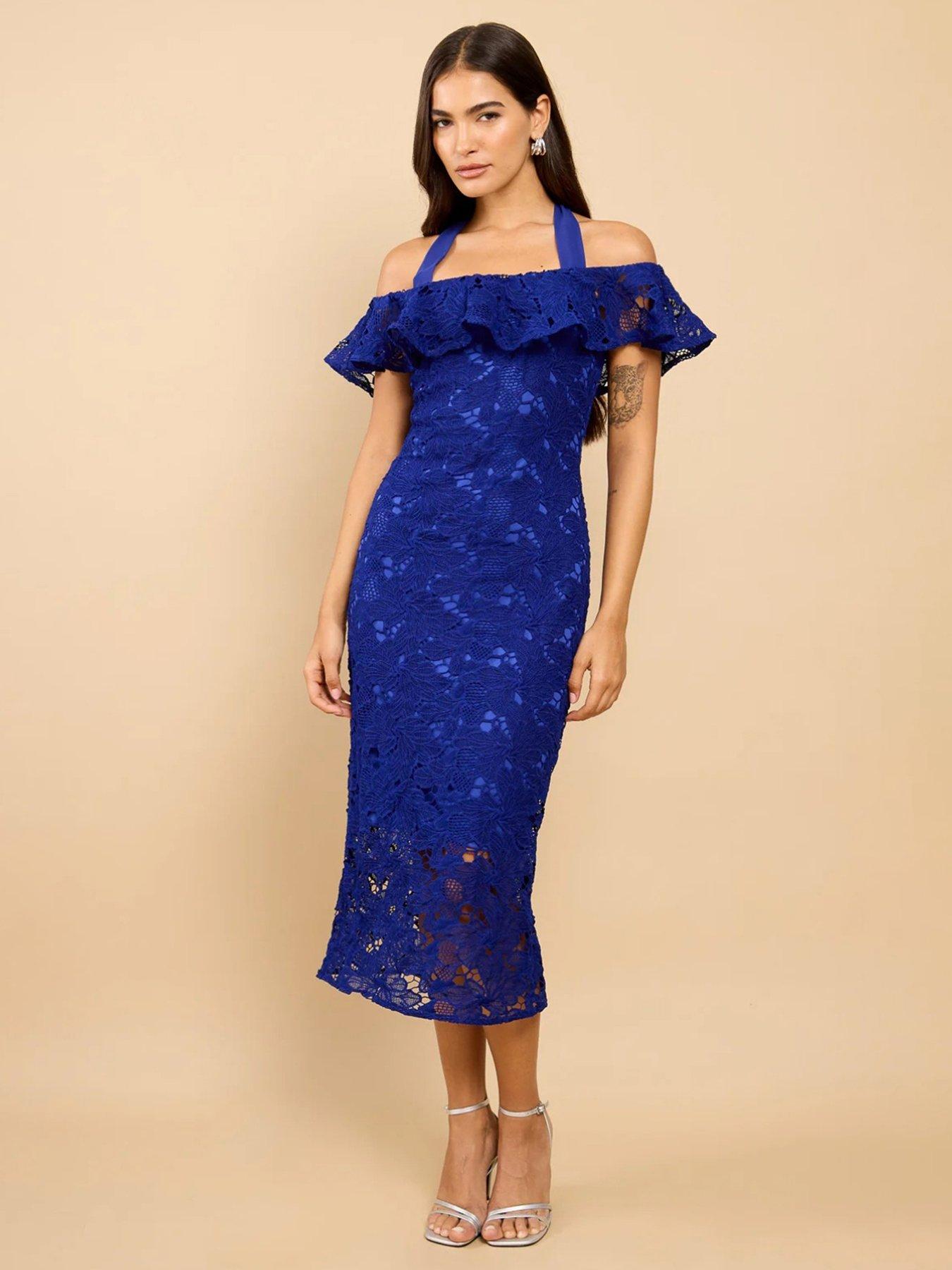 Little Mistress Blue Crochet Bardot Midaxi Dress