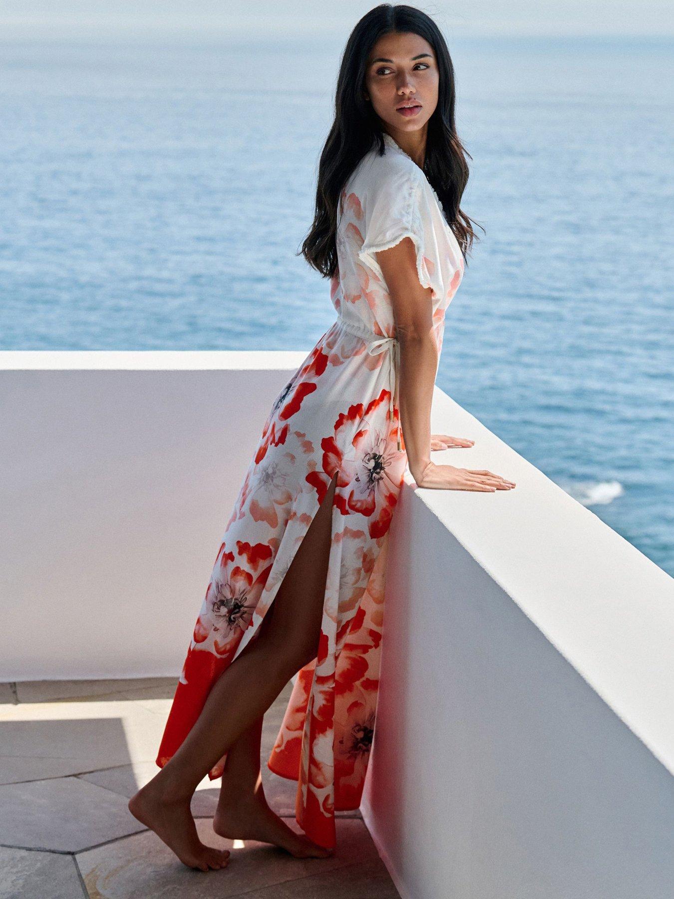 Image 3 of 7 of B By Ted Baker Floral Cover Up Beach Dress - White