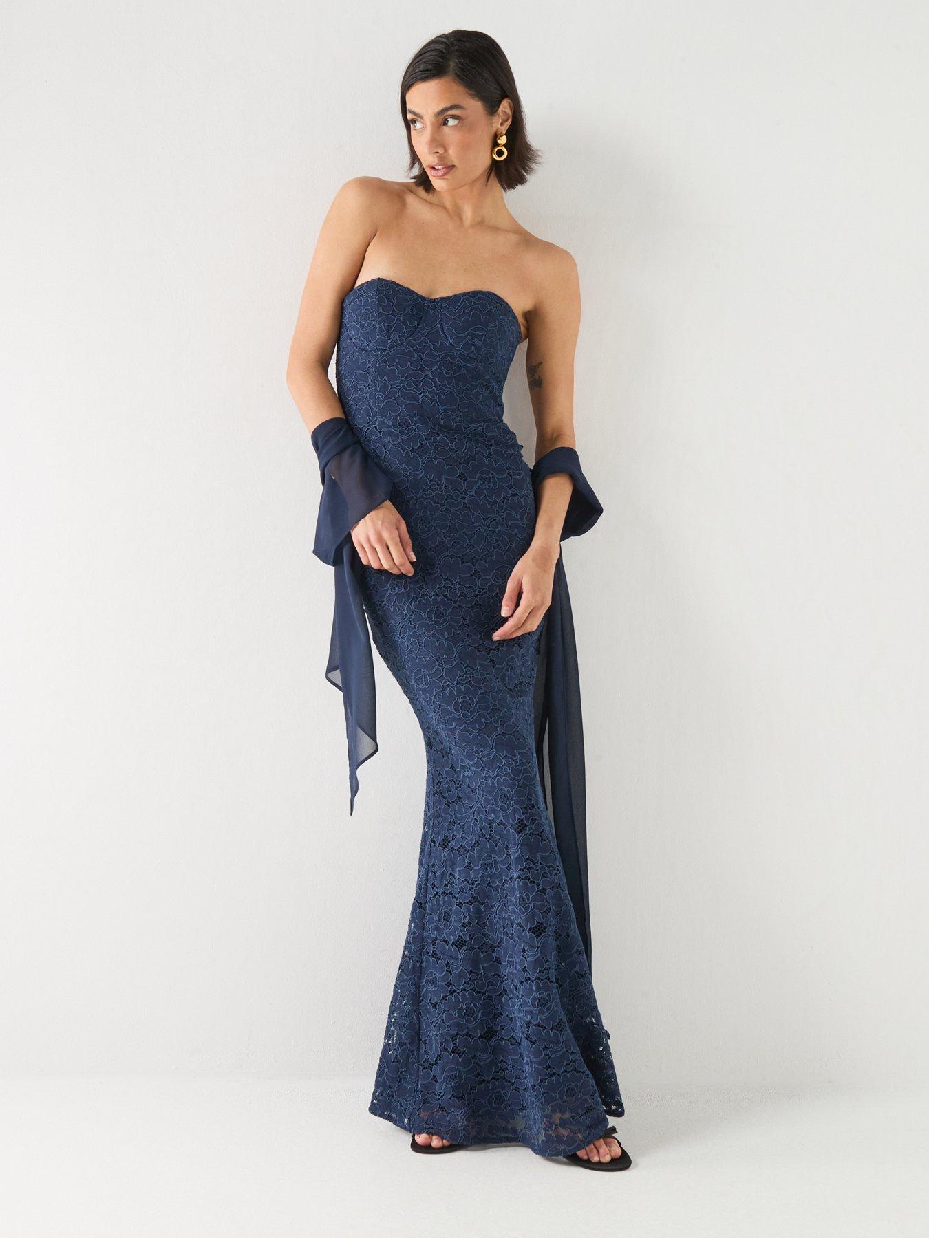 Six Stories Lace Corset Maxi Dress with Neck Scarf - Navy