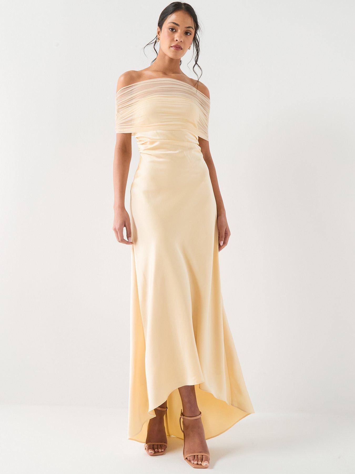 Six Stories Bardot Satin Maxi Dress - Lemon