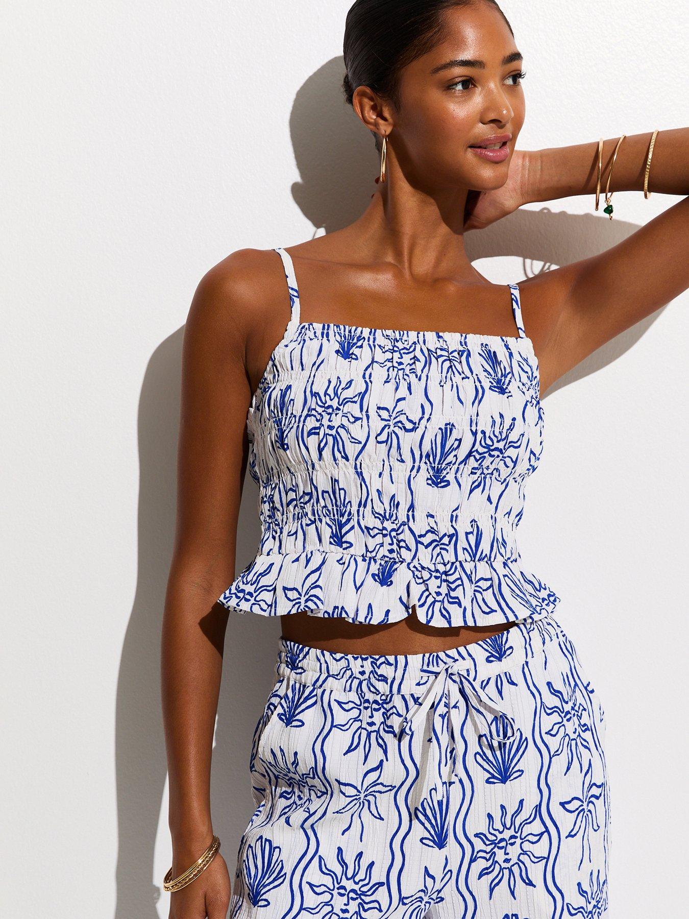 New Look Sun Print Shirred Cami Beach Top - Blue