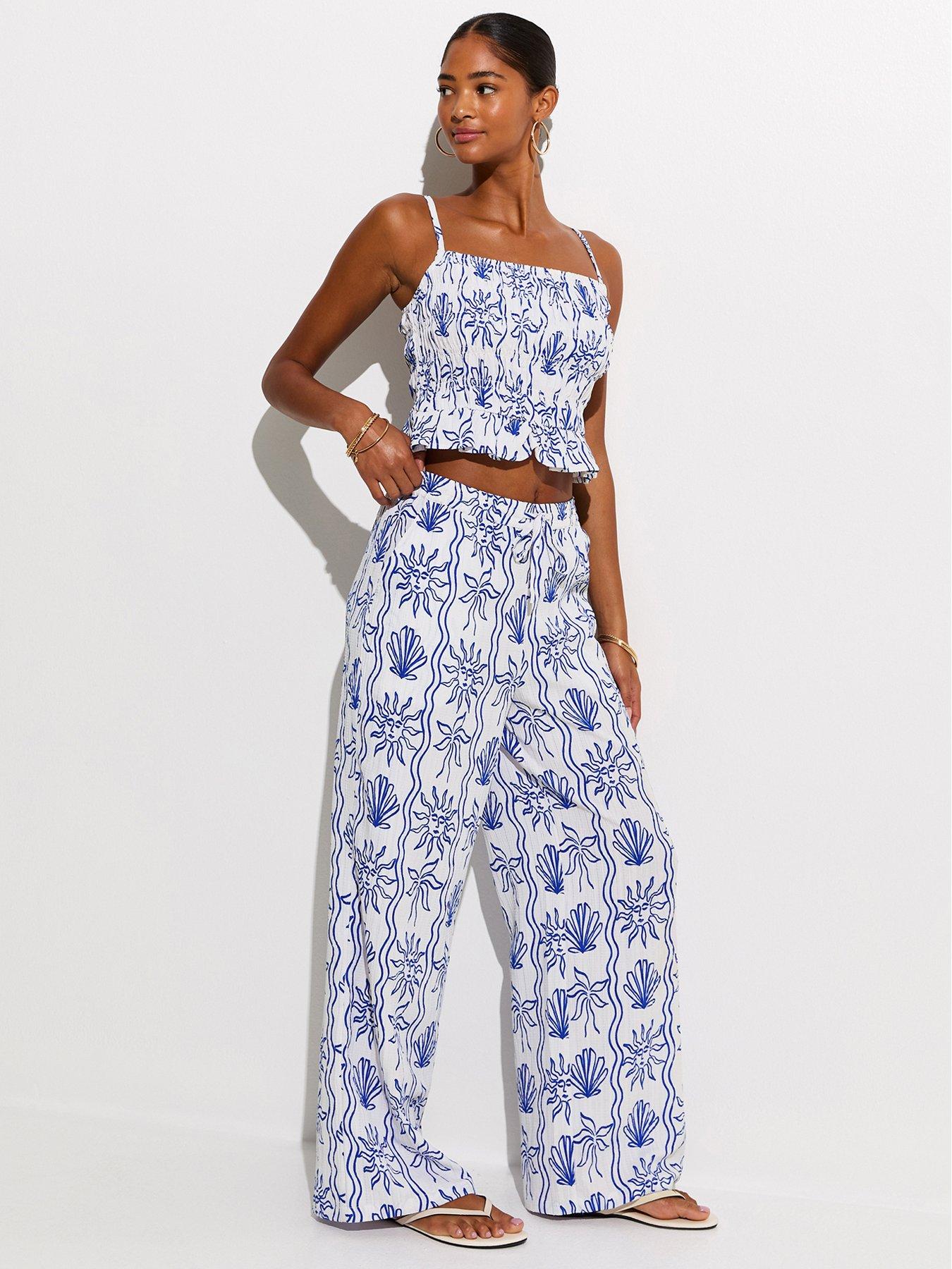 New Look Sun Print Wide Leg Beach Trousers - Blue