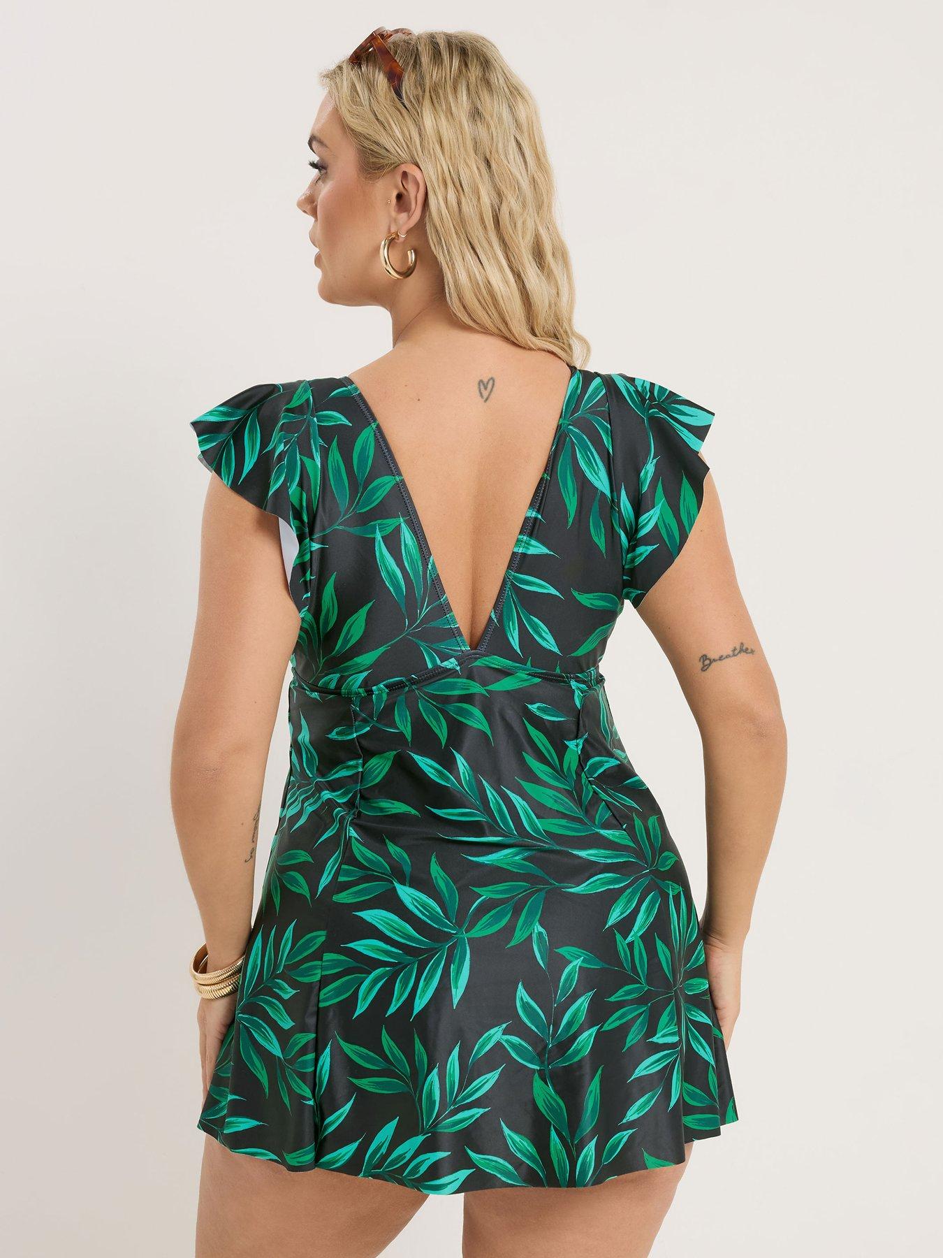 Image 2 of 6 of Yours Curve Angel Sleeve Swimdress - Black