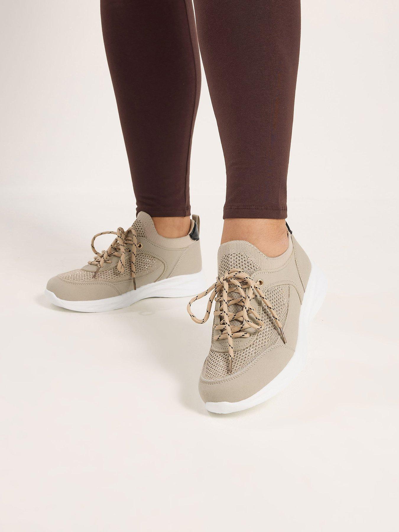 Yours Curve Extra Wide Fit Knitted Lace Up Trainer - Cream