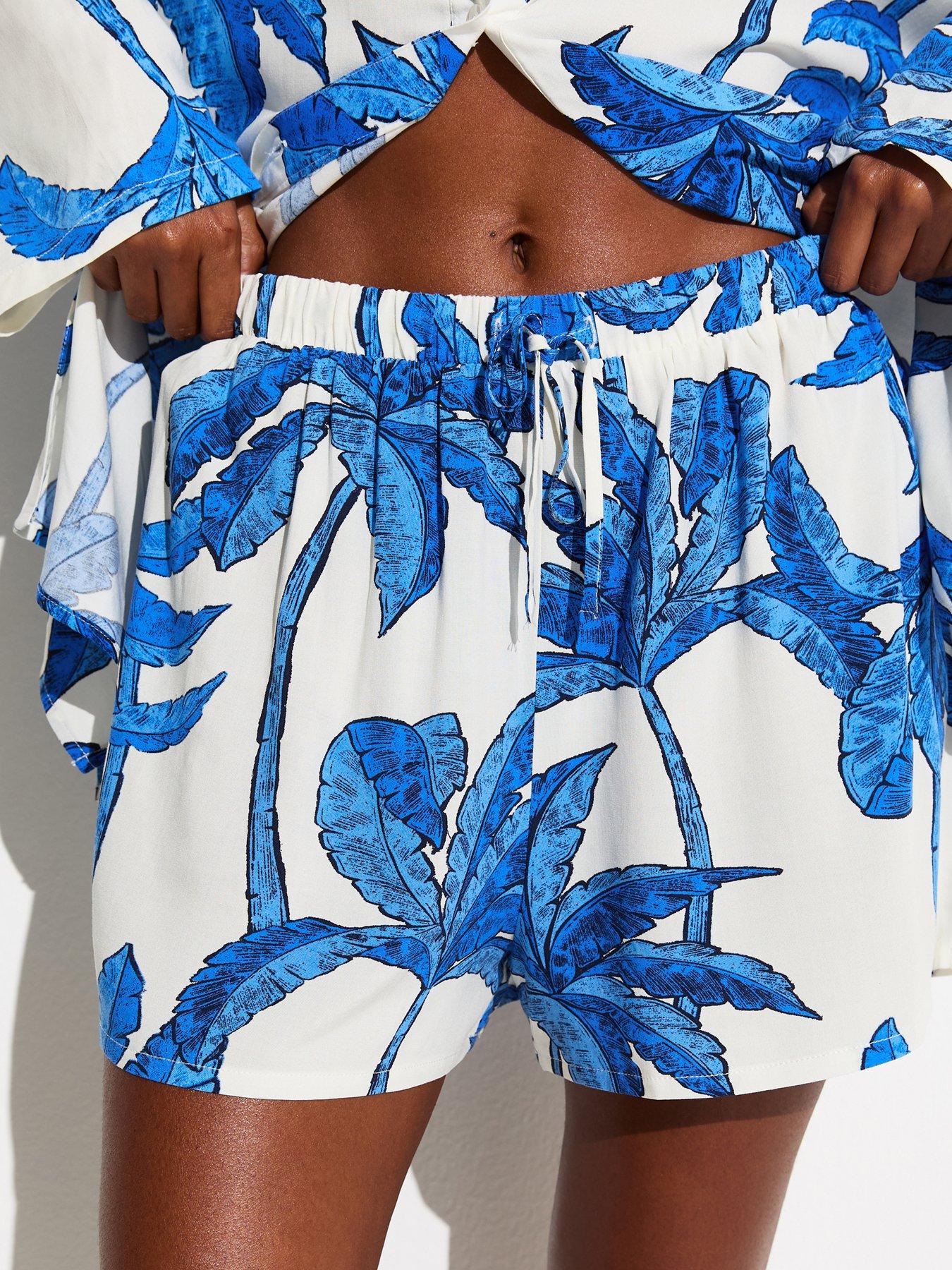  image of new-look-blue-palm-tree-print-beach-shorts