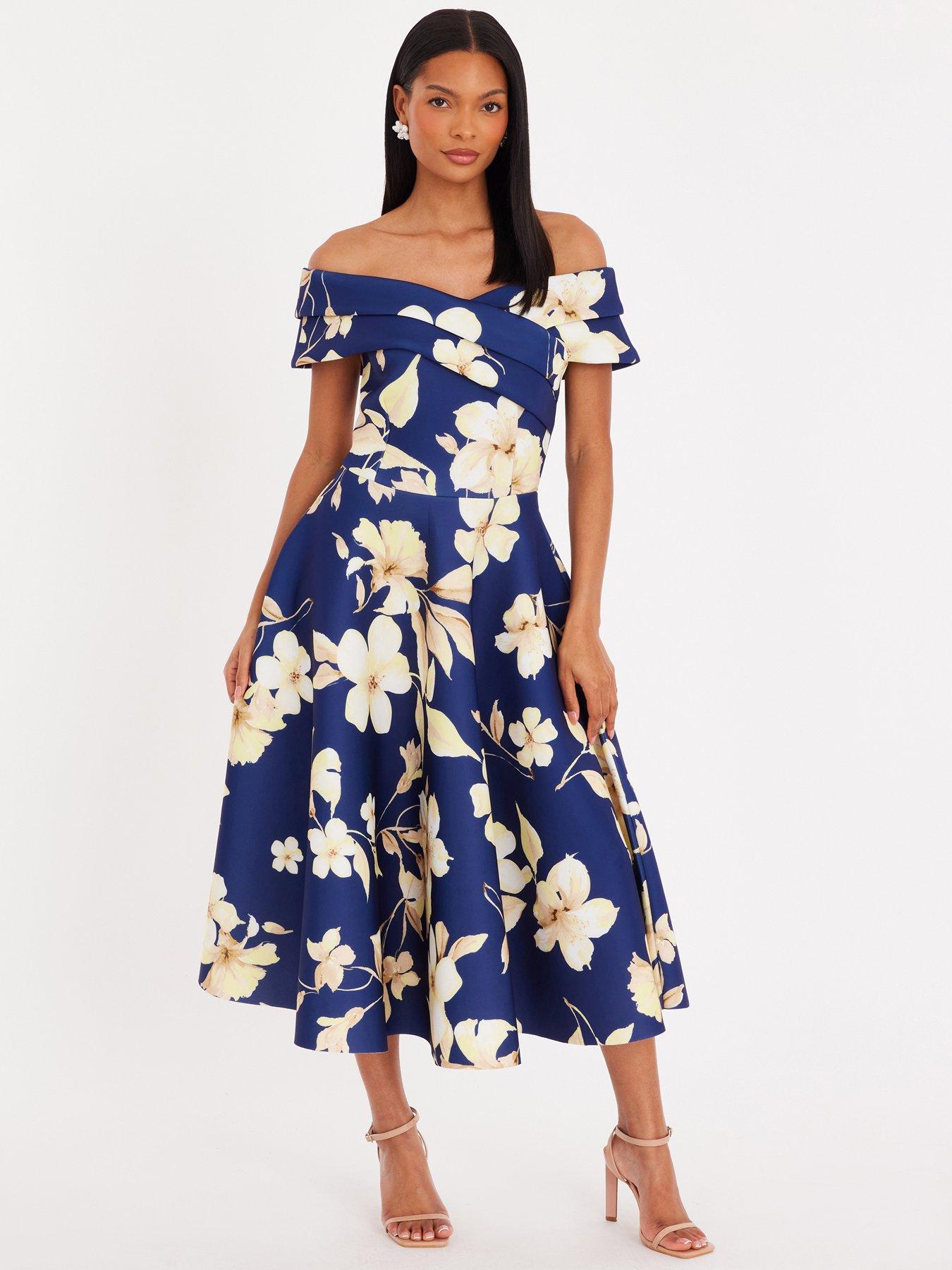 Quiz Navy Floral Pleated Bardot Midaxi Dress