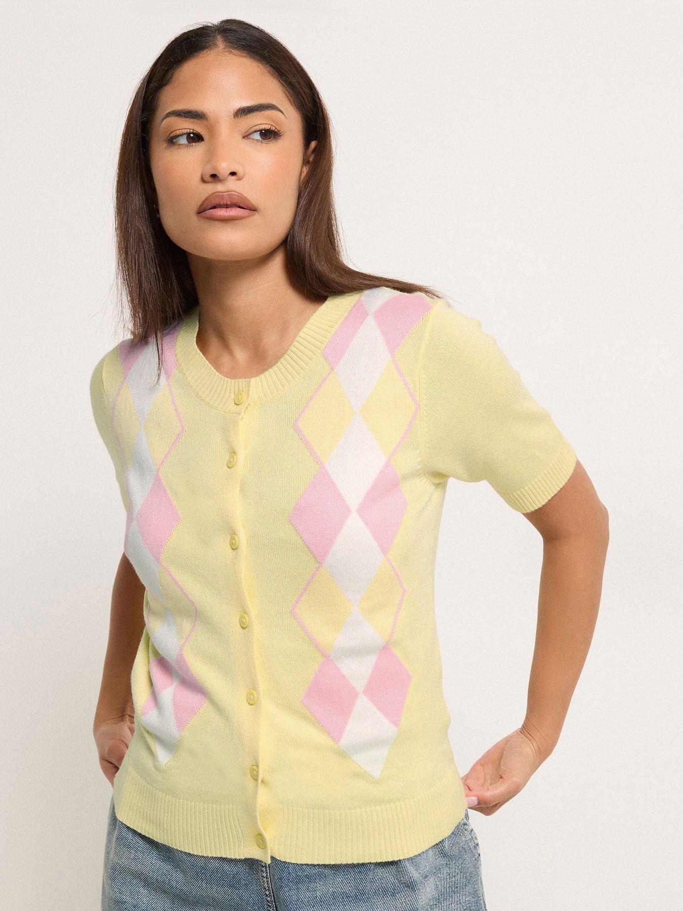 front image of pixiegirl-petite-argyle-short-sleeve-cardigan