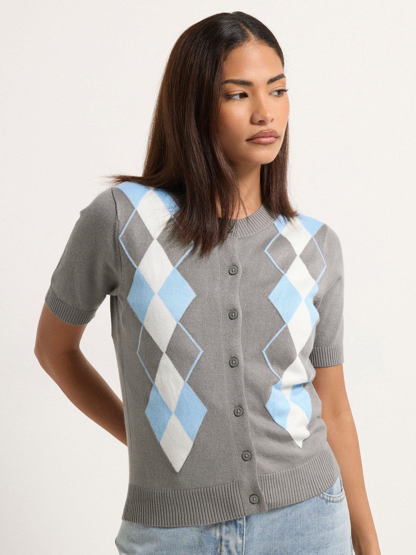 pixiegirl-petite-argyle-short-sleeve-cardigan-grey