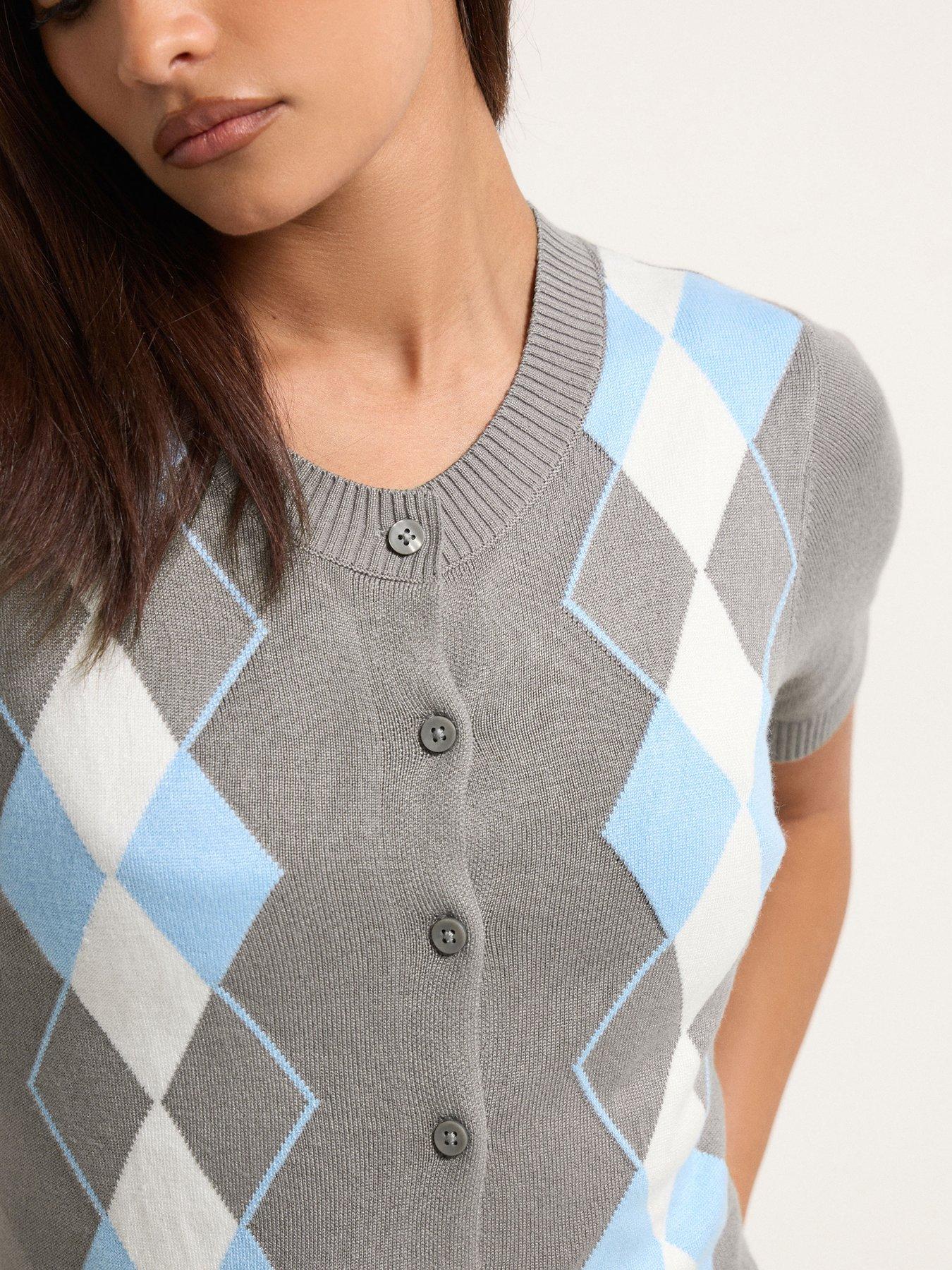 Image 4 of 5 of PixieGirl Petite Argyle Short Sleeve Cardigan - Grey