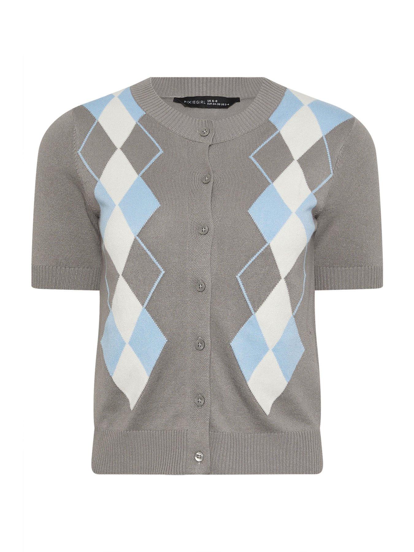 Image 5 of 5 of PixieGirl Petite Argyle Short Sleeve Cardigan - Grey