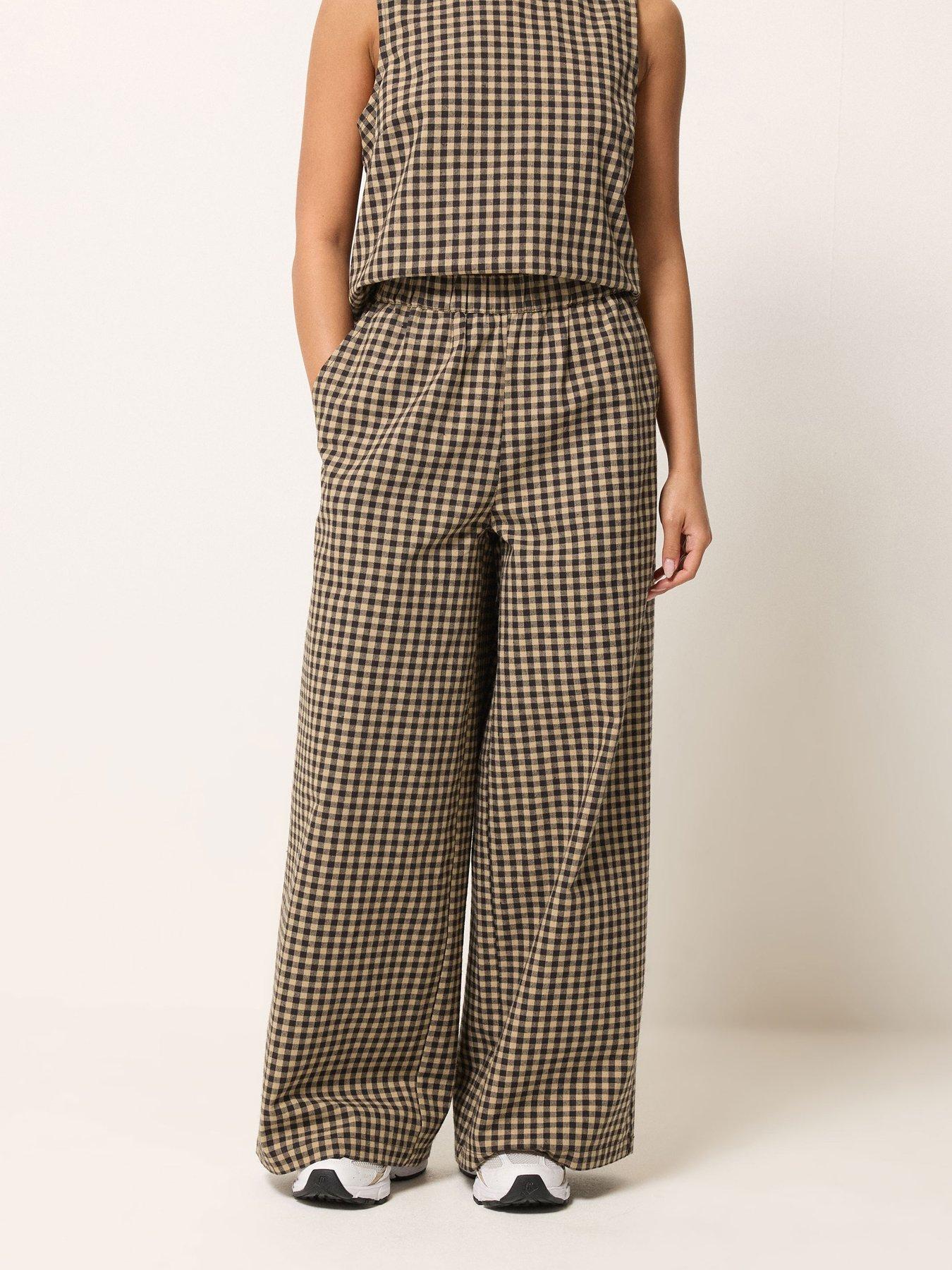 Image 1 of 5 of PixieGirl Petite Gingham Wide Leg Trousers - Brown