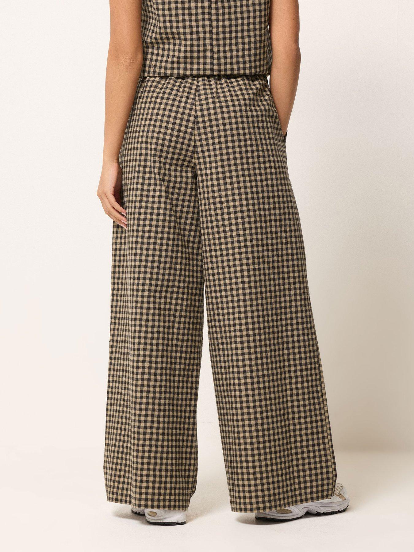 Image 2 of 5 of PixieGirl Petite Gingham Wide Leg Trousers - Brown