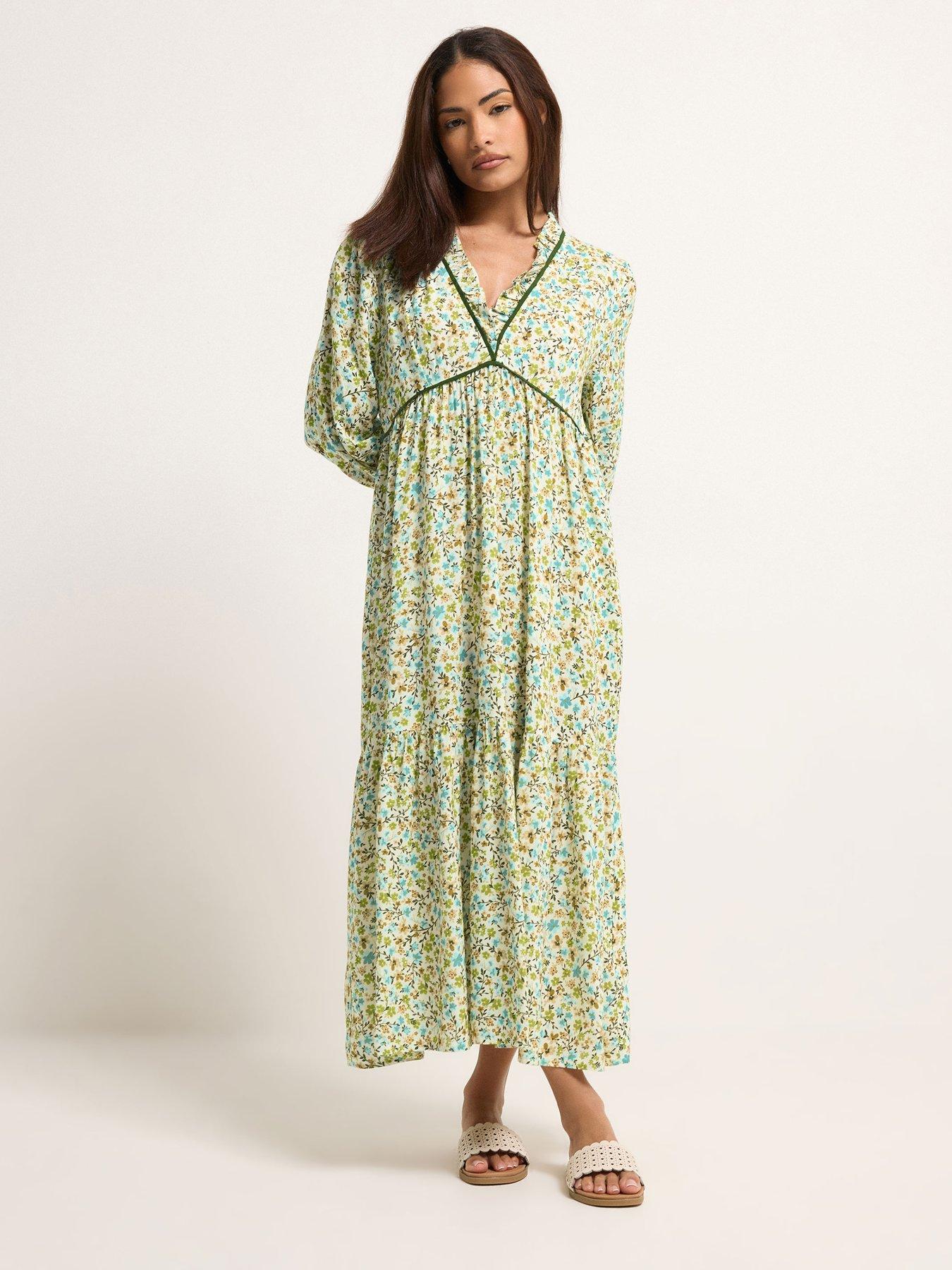 Image 3 of 5 of PixieGirl Petite Ditsy Frill Trim Midaxi Dress - Green