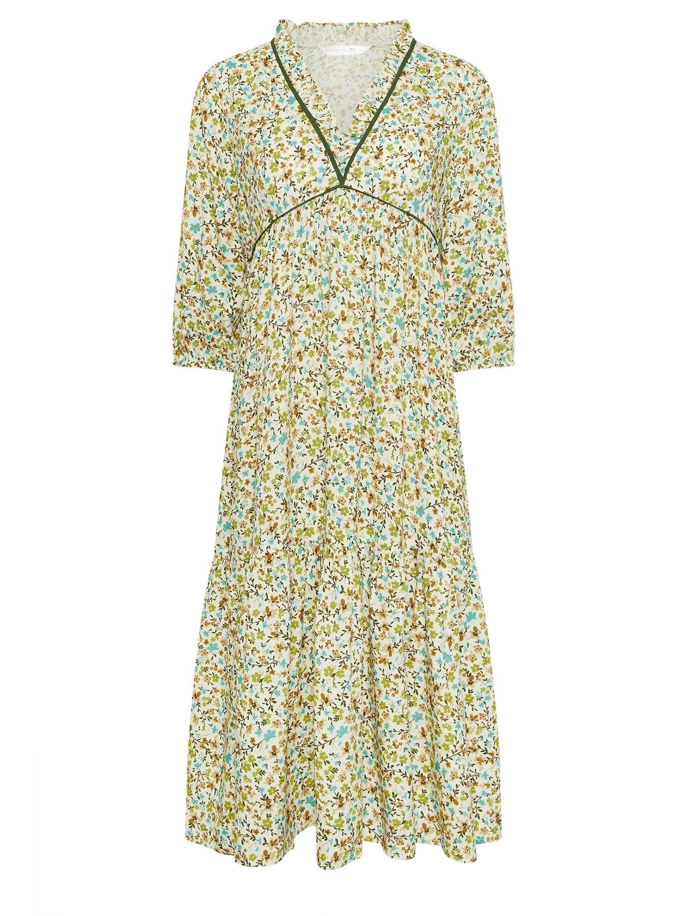 Image 5 of 5 of PixieGirl Petite Ditsy Frill Trim Midaxi Dress - Green