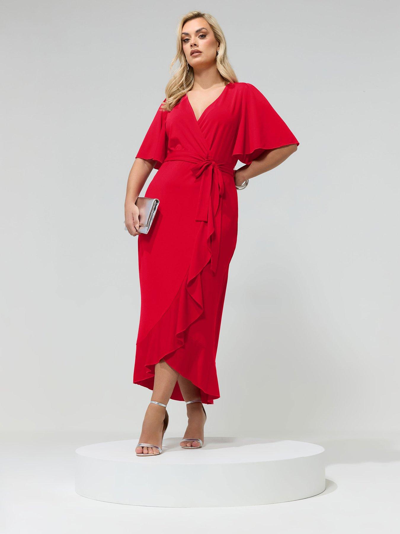 front image of yours-curve-wrap-ruffle-dress