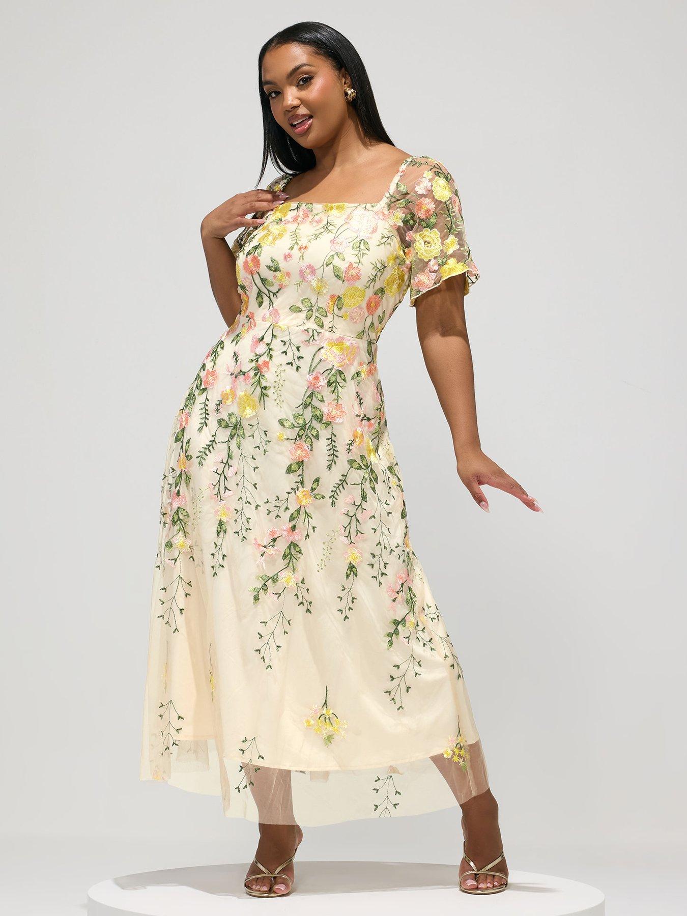 Yours Curve Square Neck Embroidered Maxi Dress - Yellow