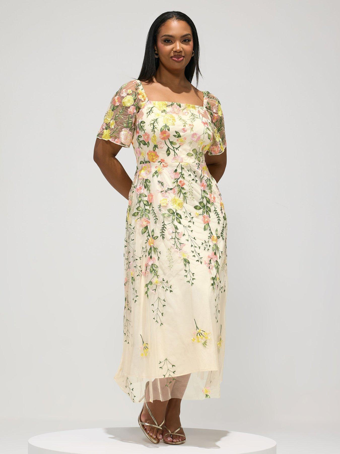 Yours Curve Square Neck Embroidered Maxi Dress - Yellow | Littlewoods