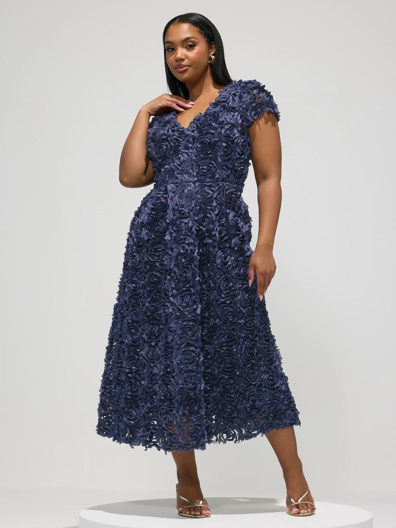 Yours Curve 3D Floral Cap Sleeve Dress - Blue