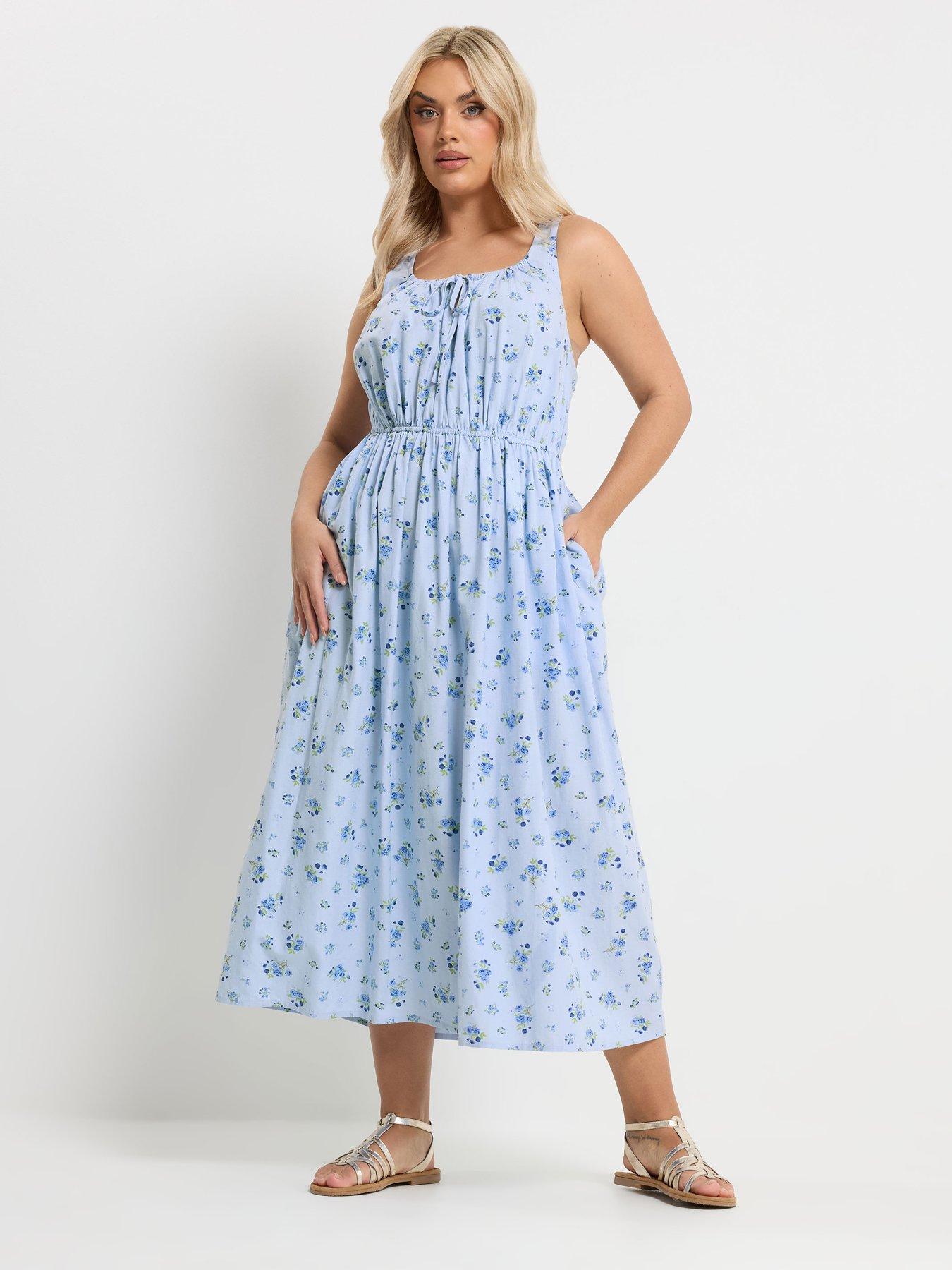 Yours Curve Linen Milkmaid Dress - Blue