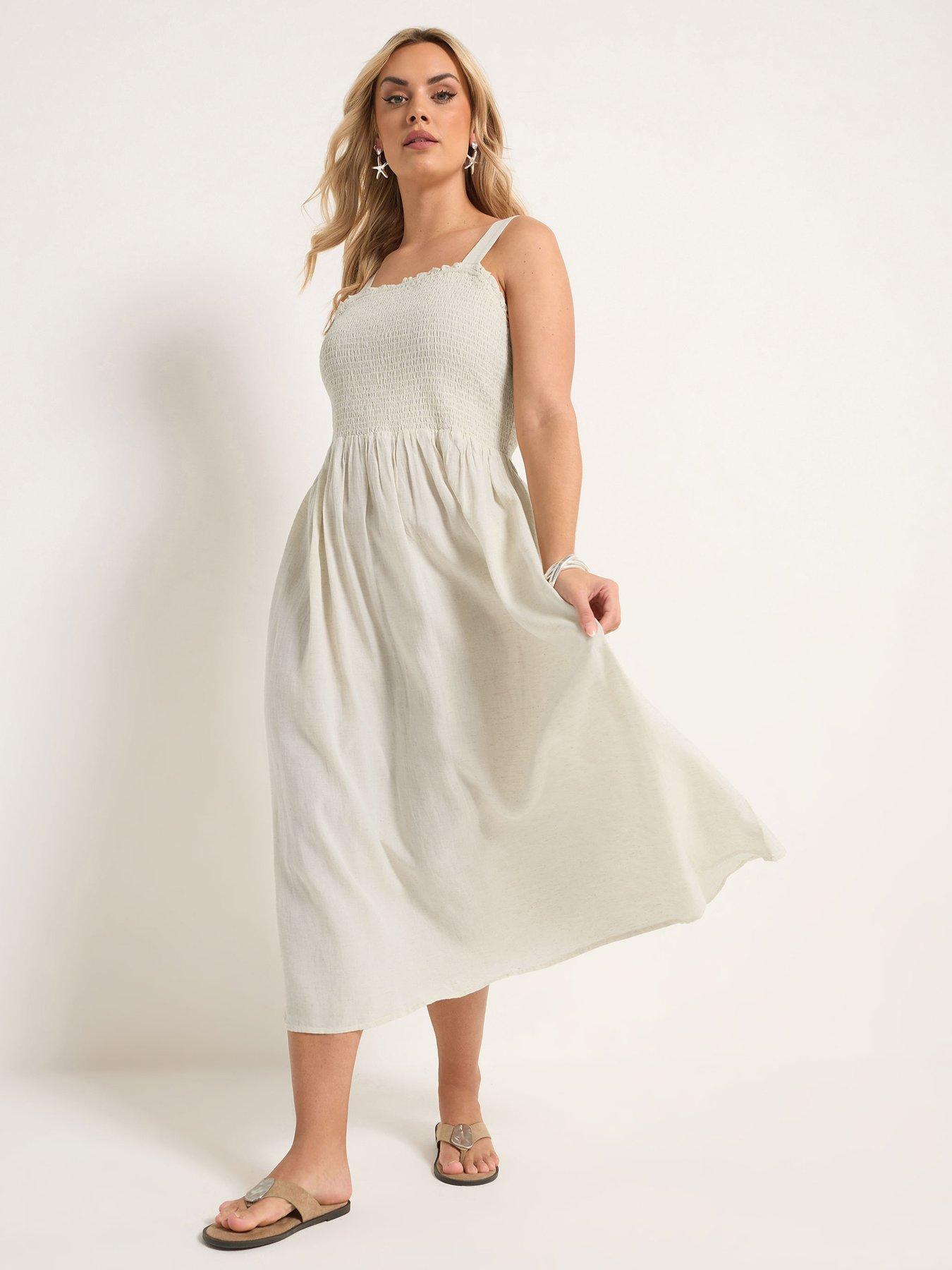 Yours Curve Linen Shirred Maxi Dress - Cream